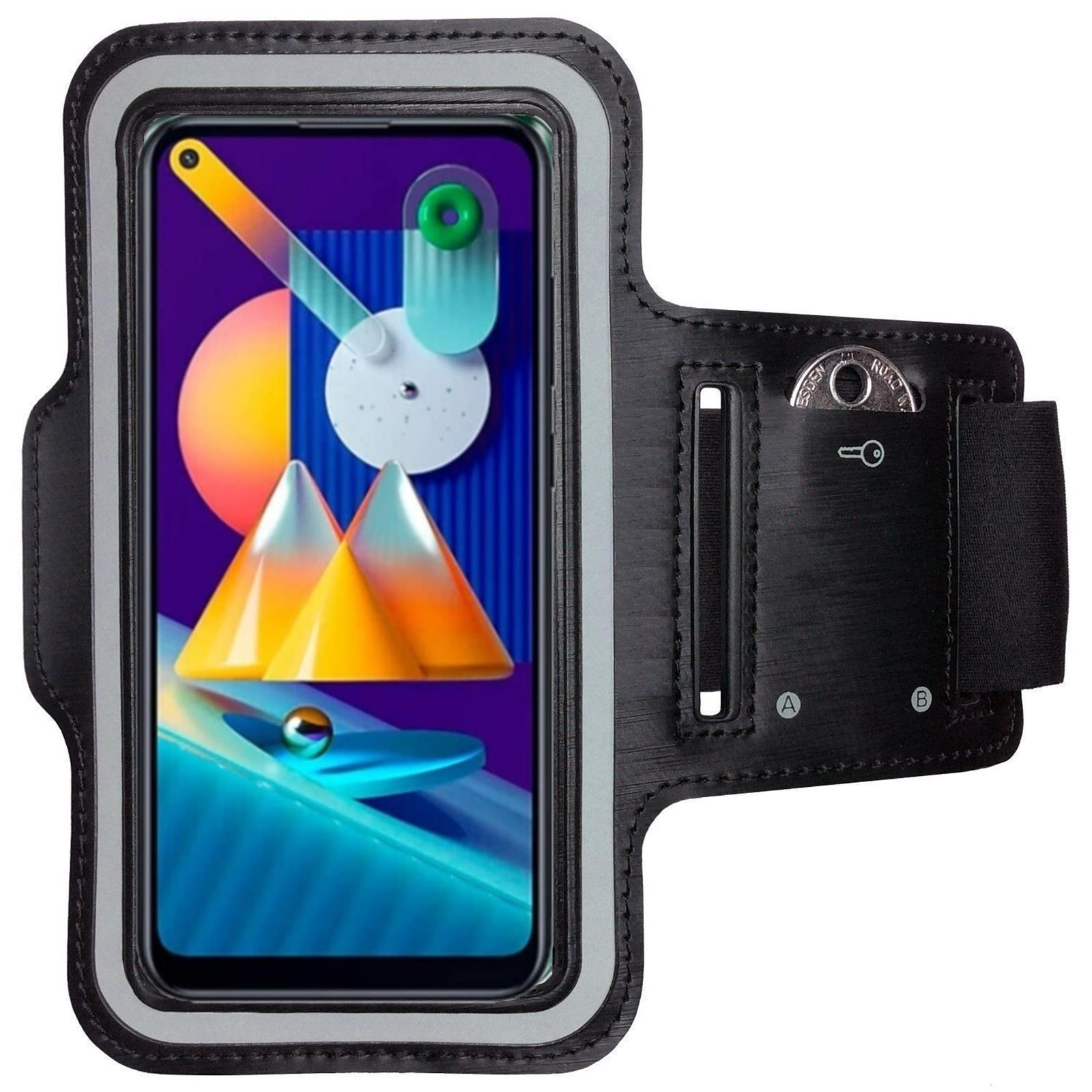 Schwarzes Telefon in einer schwarz-grauen Armbandhülle. Das Telefon hat einen abstrakten, farbenfrohen Bildschirm.