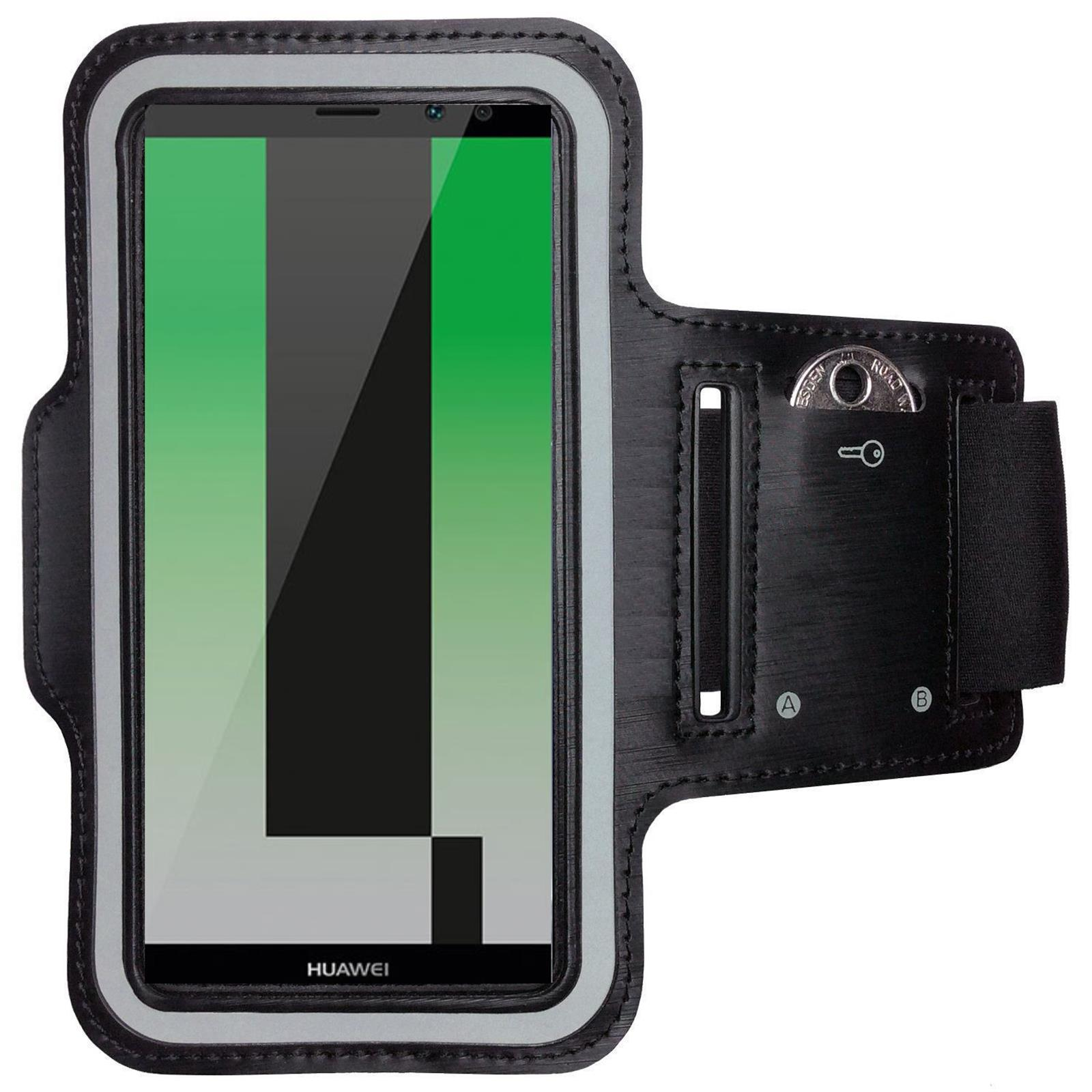 Schwarze Armbinde mit Telefon. Telefon zeigt grüne und schwarze Grafik.