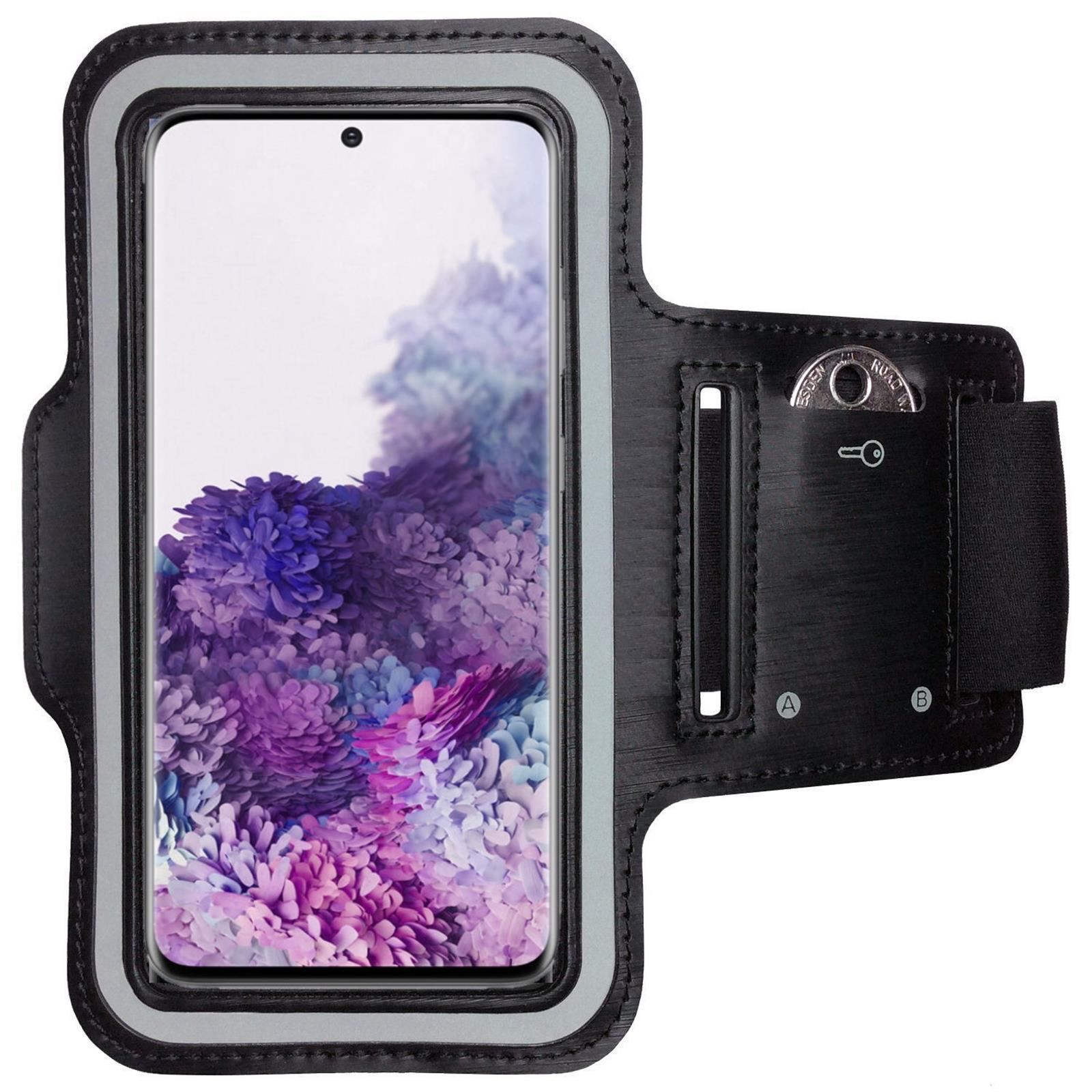 Schwarze Armbinde mit Telefon. Telefon zeigt abstrakte Kunst. Armband hat Tasche und Riemen.