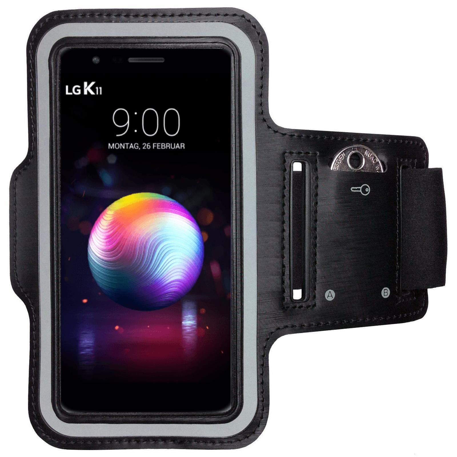 Schwarze Armbinde mit LG-Telefon mit farbenfrohem Orb auf dem Bildschirm. Münze und Riemen rechts.