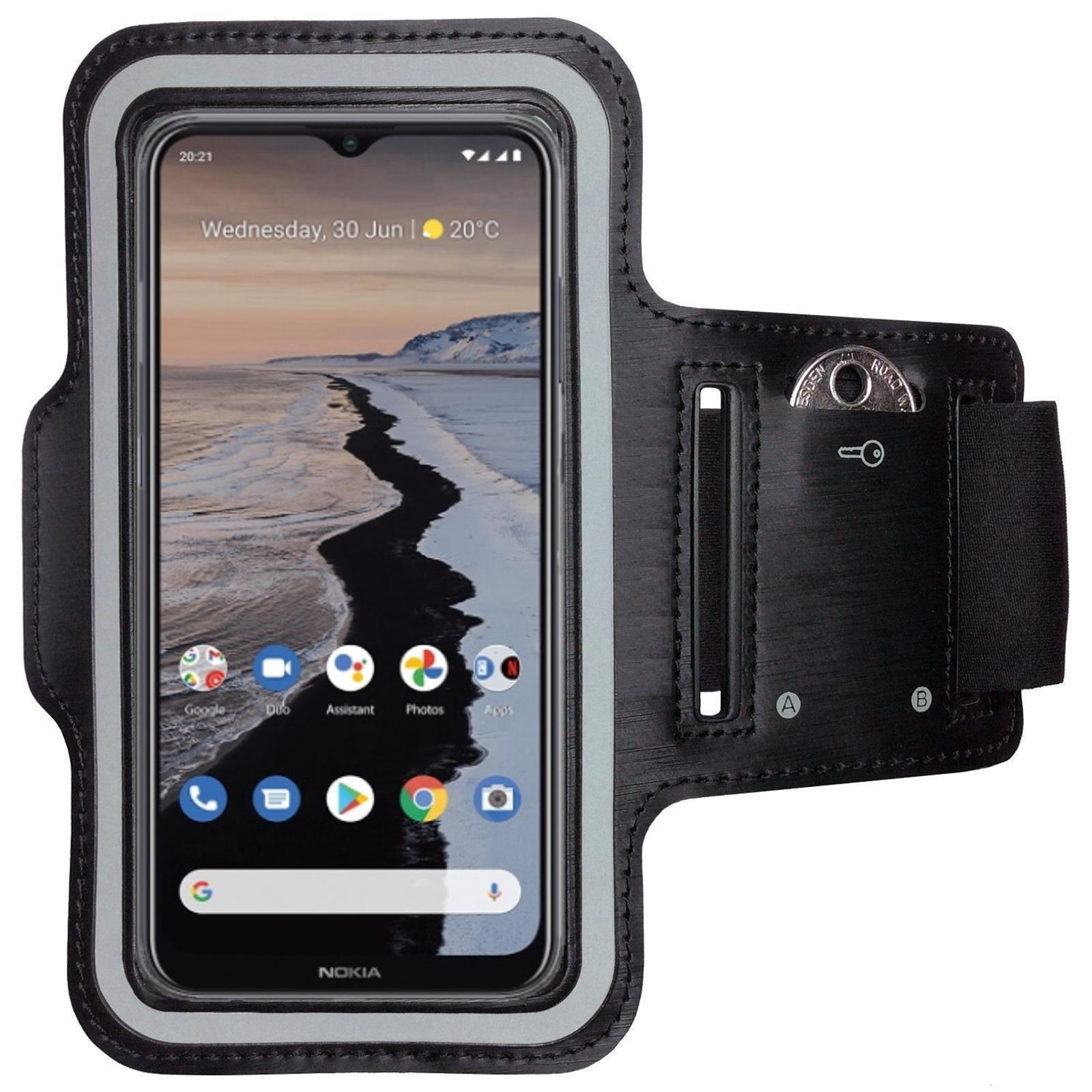 Schwarze Armbinde mit Telefon. Telefon zeigt Strandfoto und App-Symbole.