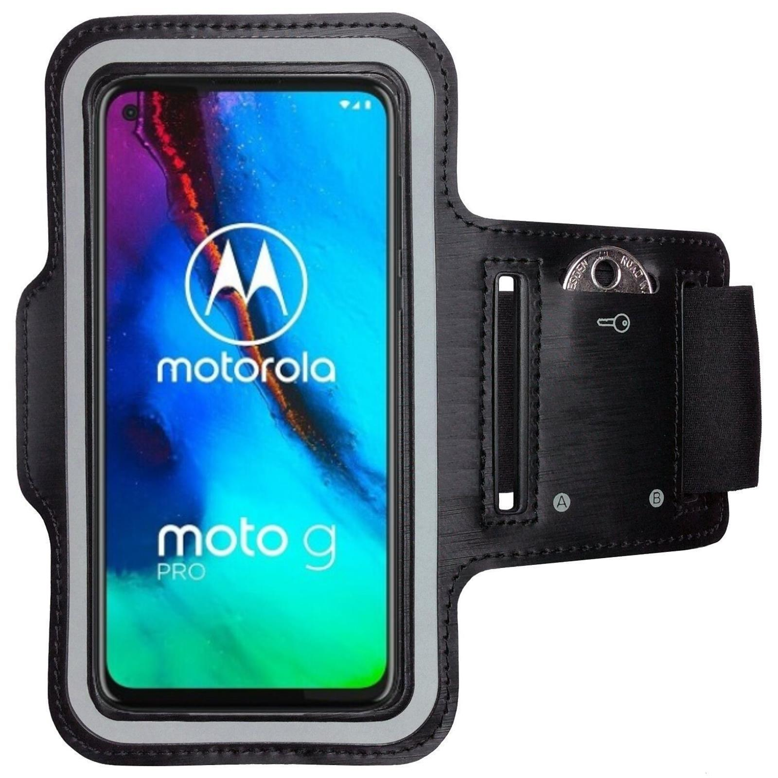 Armband für Motorola-Telefon. Schwarz und grau. Auf dem Telefonbildschirm ist das Motorola-Logo zu sehen und 'moto g pro'.