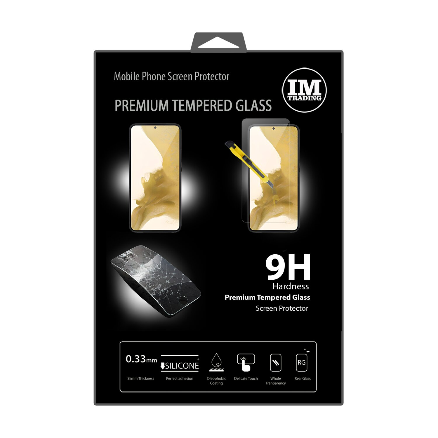 Verpackung für Displayschutzfolie. Zwei Telefone werden gezeigt und ein Cutter.