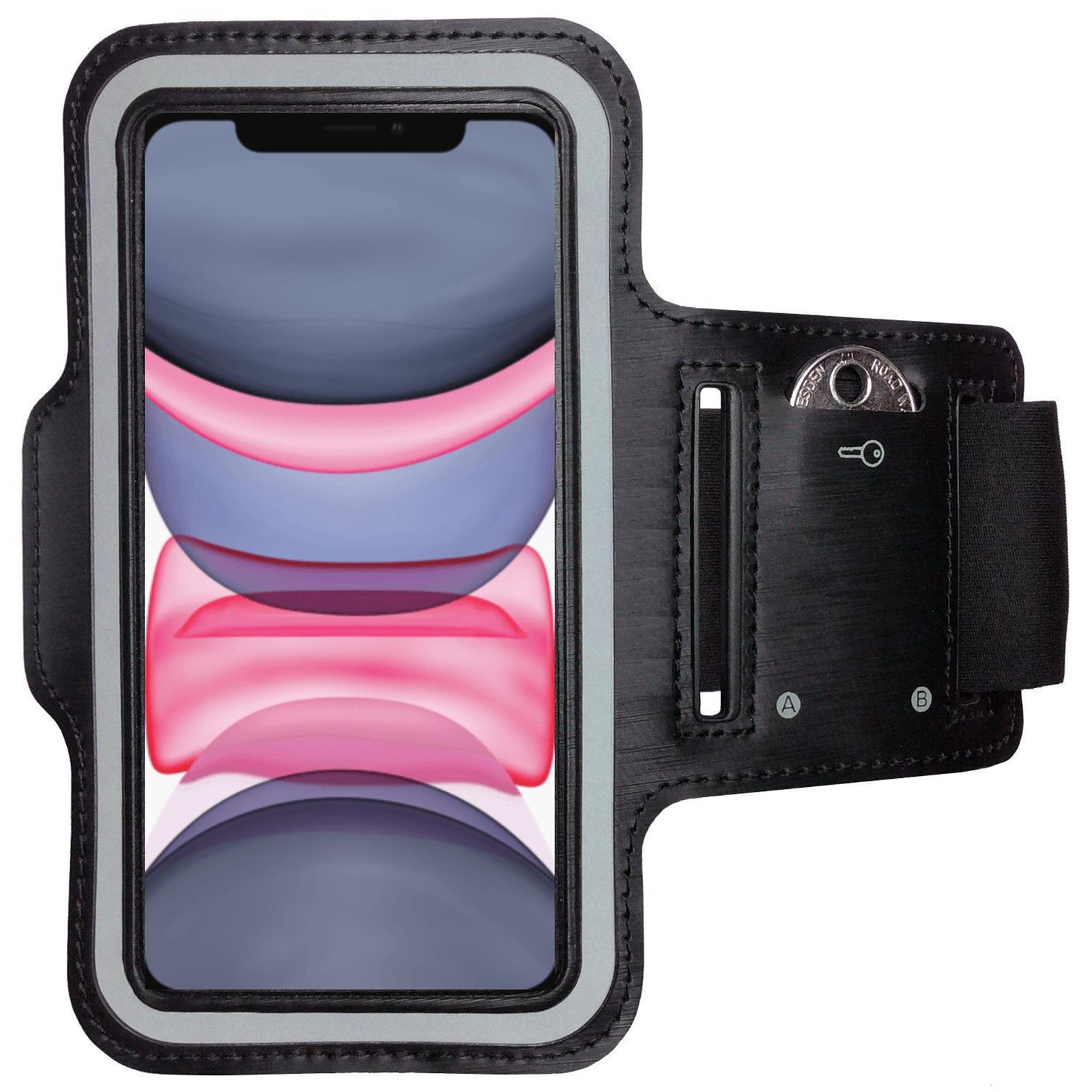 Schwarze Armbinde mit Telefon. Telefon zeigt ein rosa-graues abstraktes Bild.