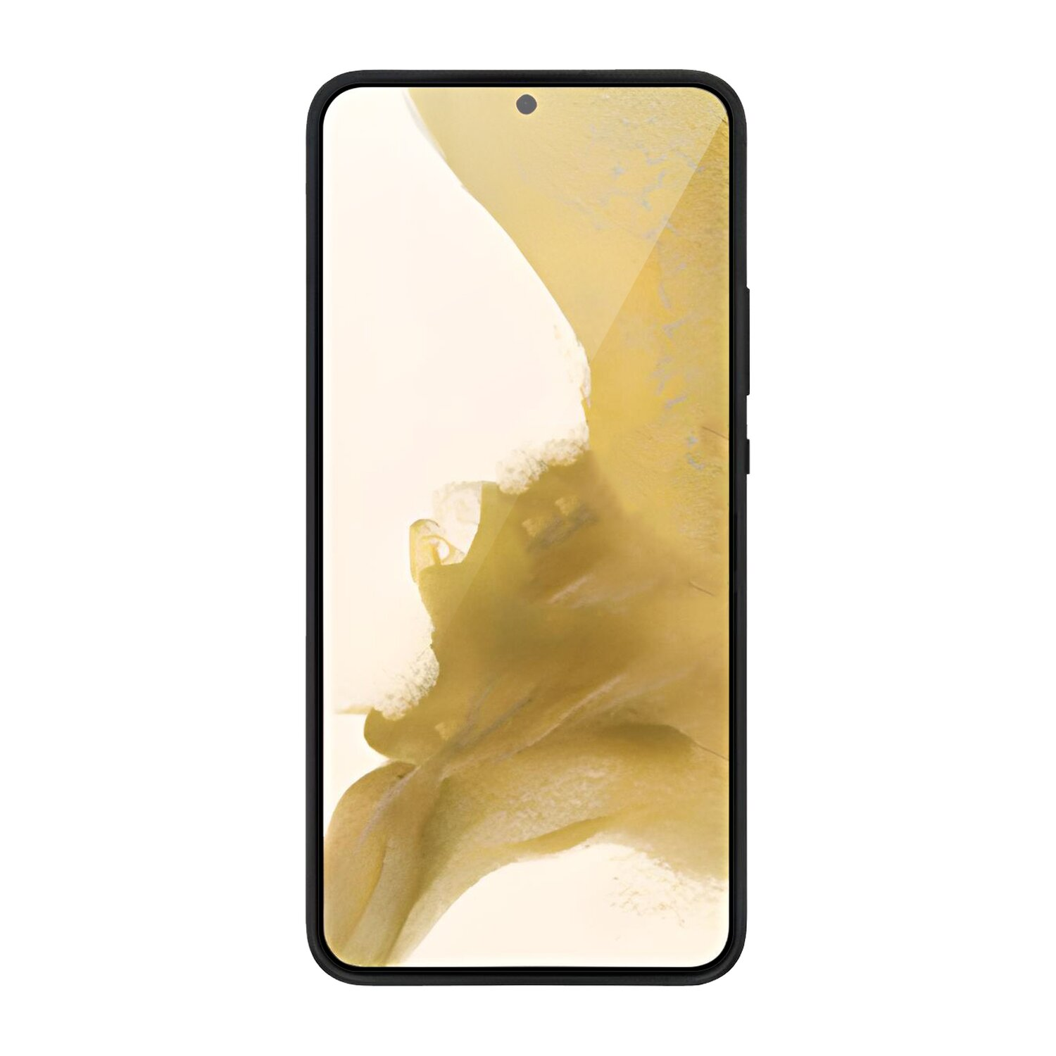 Ein schwarzes Telefon mit einem Bildschirm, der ein gelbes und blaues Bild anzeigt.