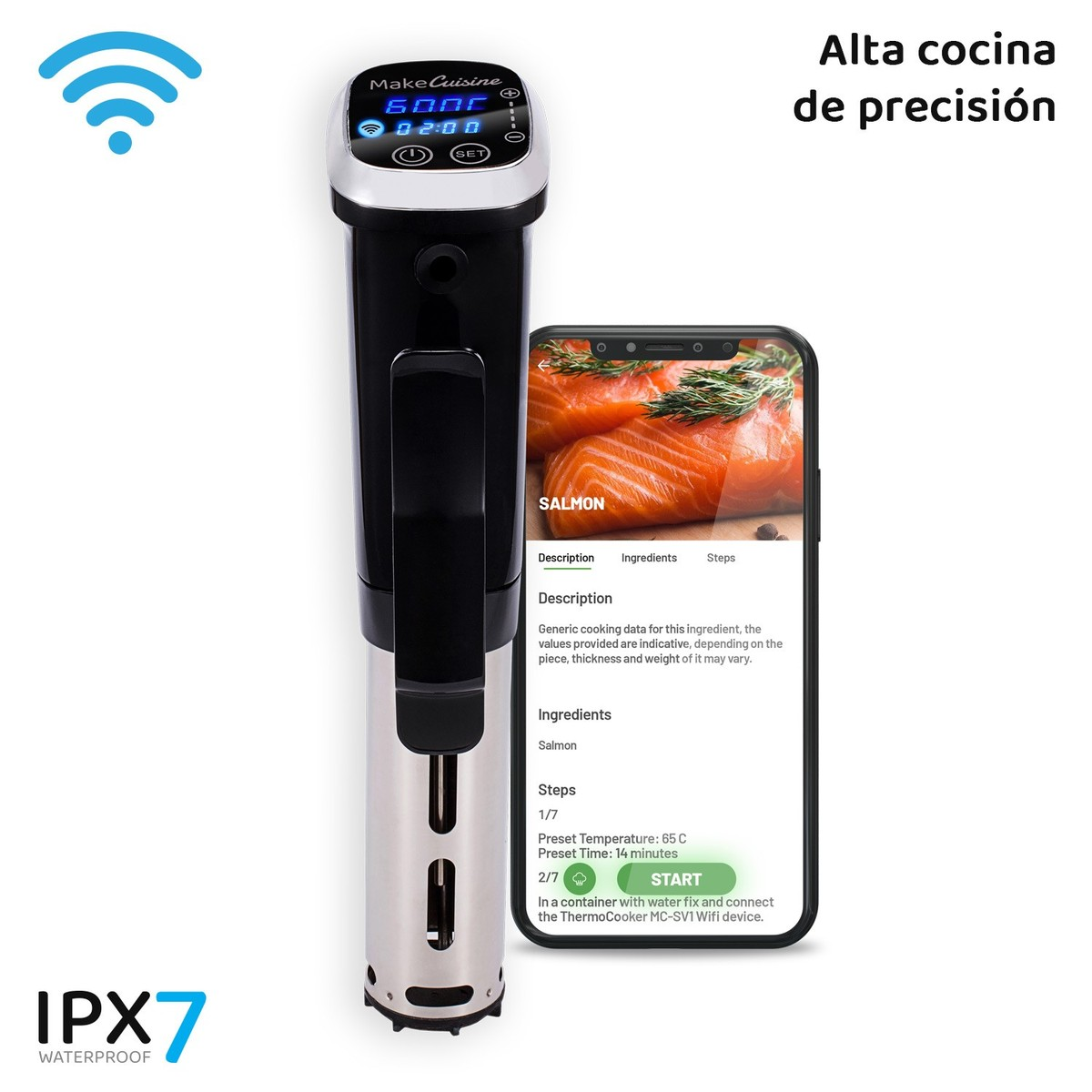 Un dispositivo sous vide, un smartphone con receta de salmón en pantalla y el texto "Alta cocina de precisión".