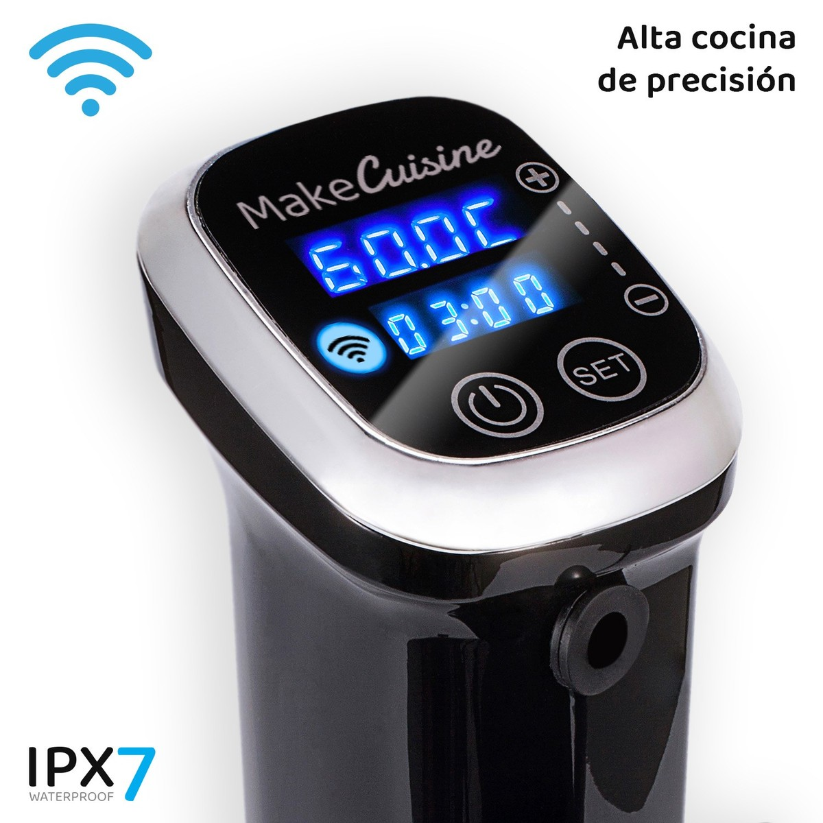 Una máquina de sous vide negra con una pantalla azul que muestra la hora y la temperatura, primer plano.
