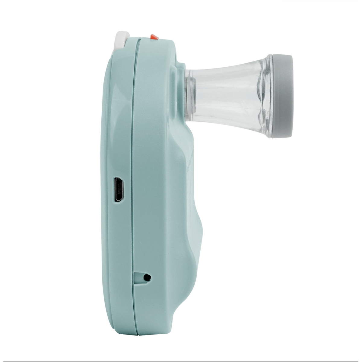 Un pequeño dispositivo médico azul claro. Tiene una boquilla transparente.