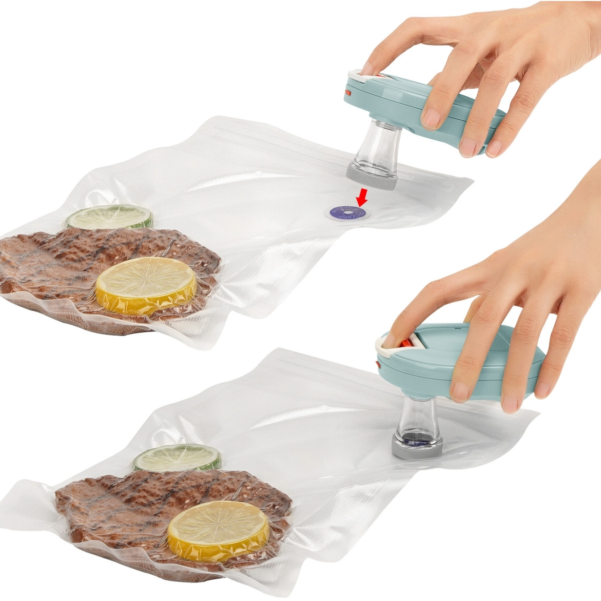 Manos sellando al vacío alimentos en bolsas de plástico. La comida incluye carne y rodajas de limón.