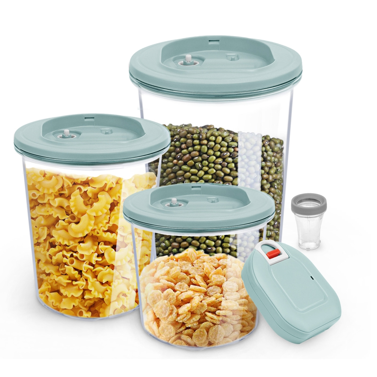 Tres recipientes transparentes llenos de pasta, cereales y frijoles, con tapas turquesas y una bomba de vacío.