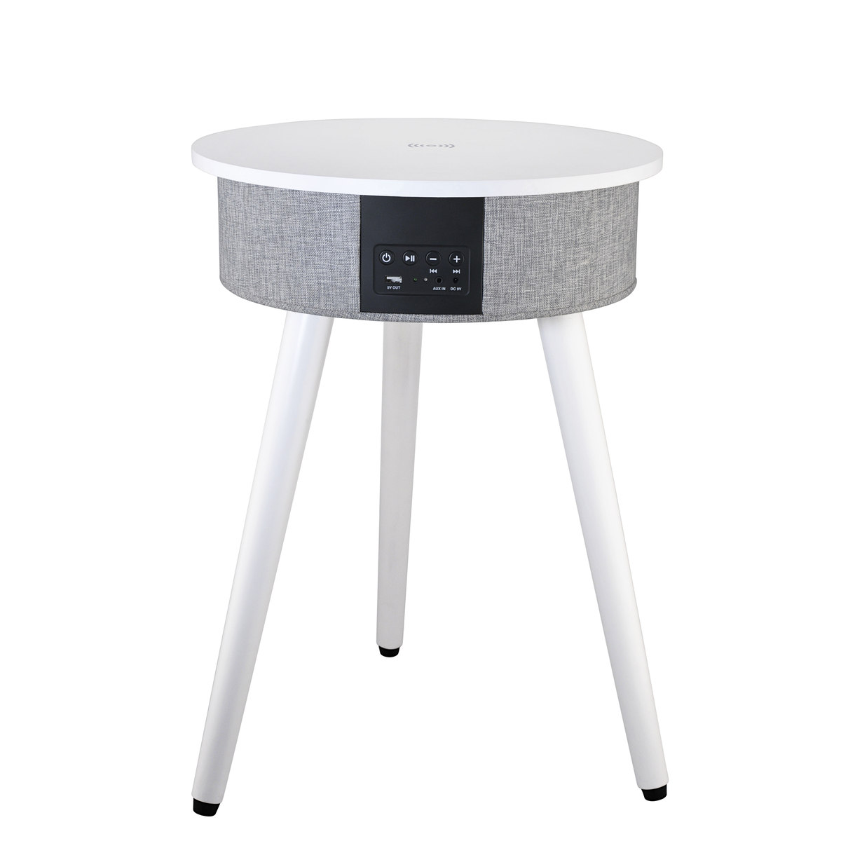 Una mesa auxiliar blanca con un altavoz gris y tres patas blancas.