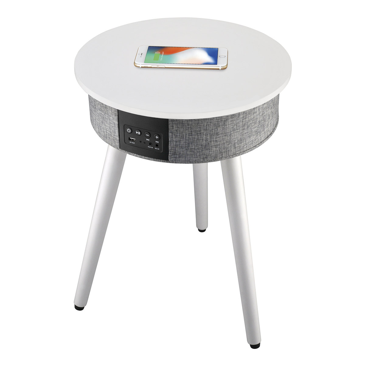 Una mesa auxiliar blanca y gris con un teléfono encima, tela de altavoz.