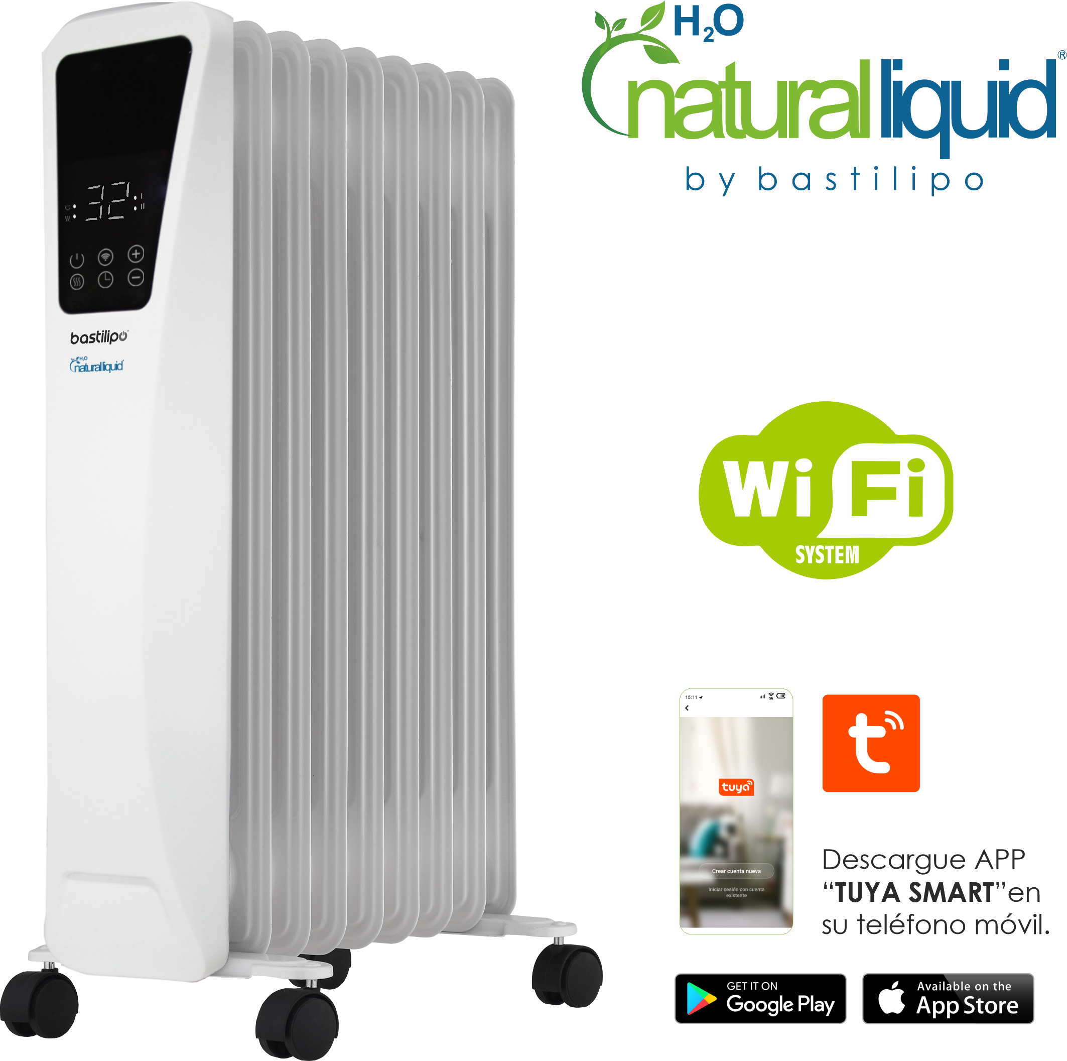 Radiador blanco con pantalla digital y símbolo Wi-Fi. El fondo es negro.