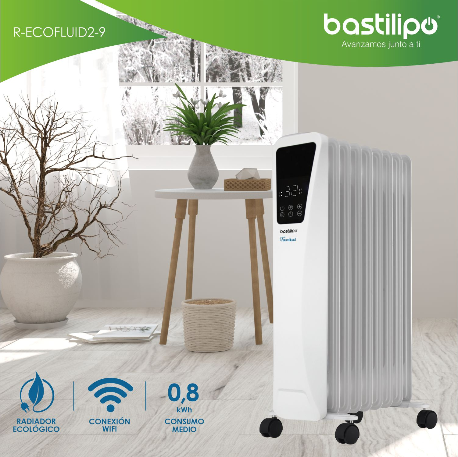 Un radiador de aceite blanco con pantalla digital negra y ruedas. Está junto a una mesa con una planta.