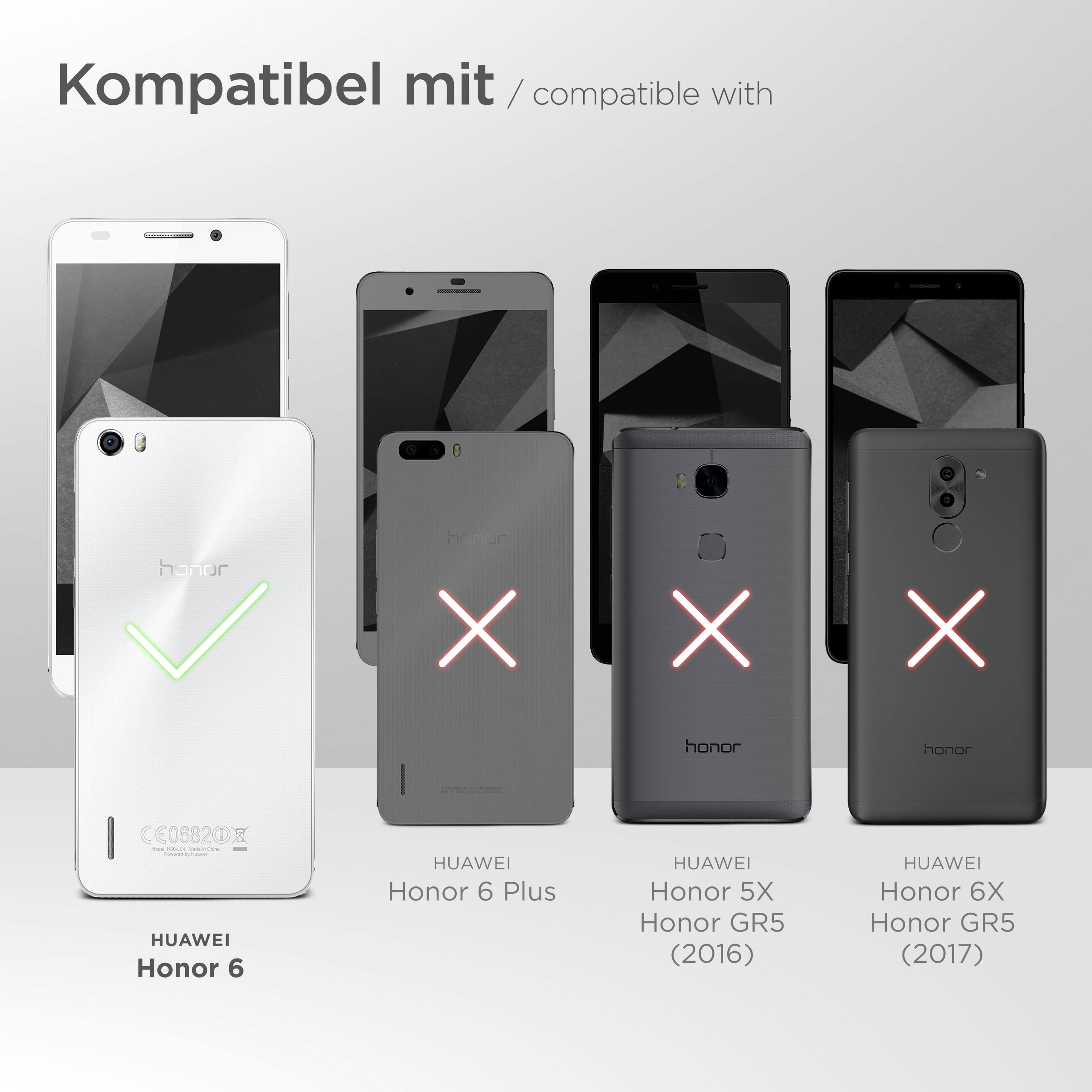 Bild zeigt Telefonmodelle, mit Haken und Kreuzen, die die Kompatibilität angeben.