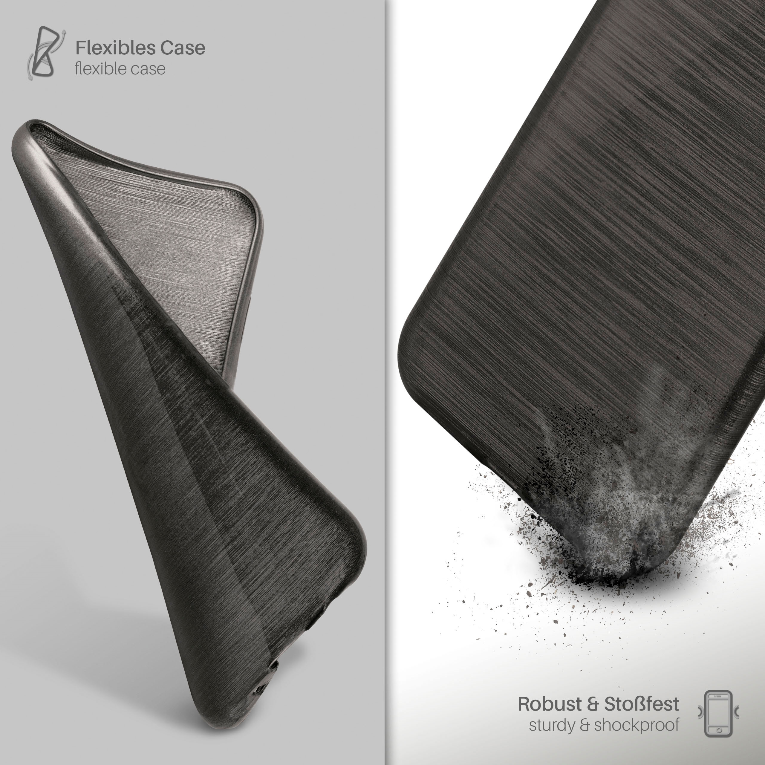 Handyhülle mit gebürsteter Metallstruktur. Zeigt die Textur der Hülle und wie sie sich biegt.
