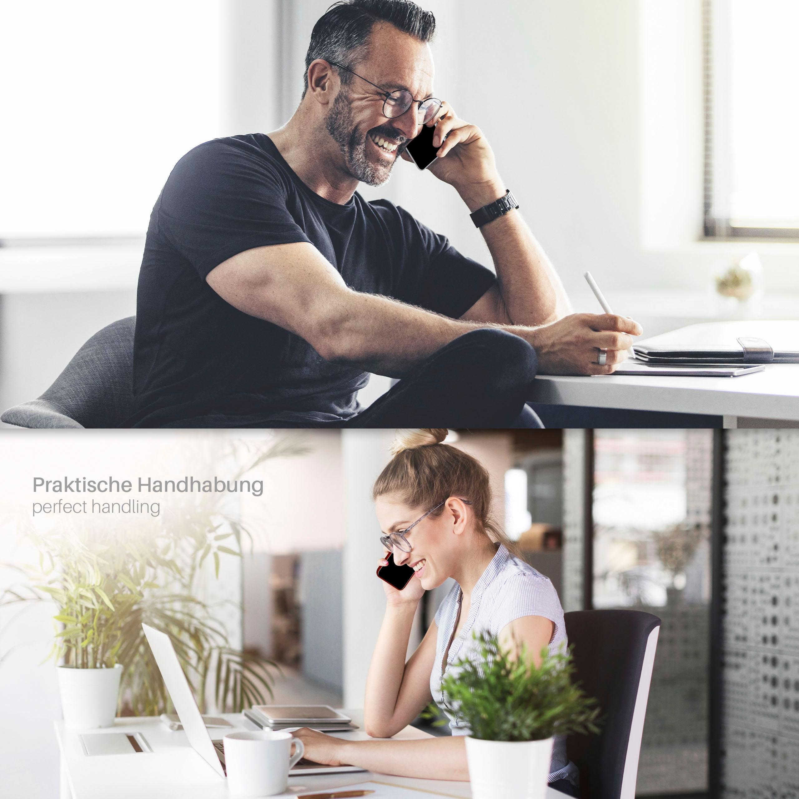 Mann und Frau telefonieren. Einer benutzt einen Laptop, einer am Schreibtisch. Pflanzen.