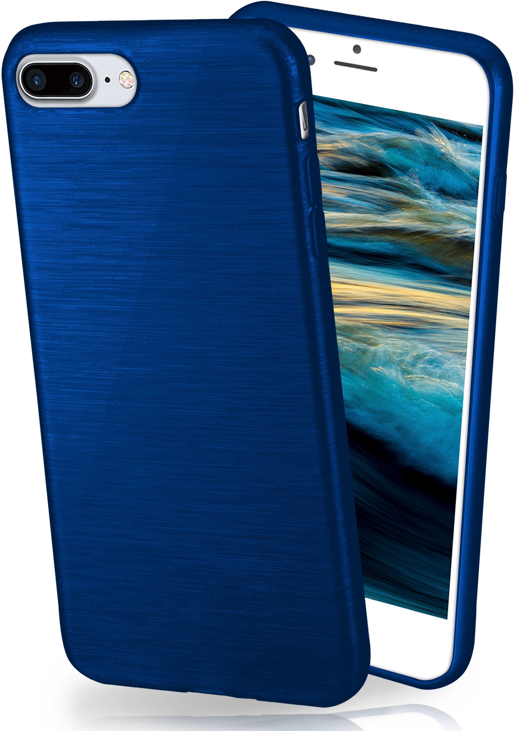 Eine blaue Handyhülle und ein Telefon. Der Bildschirm zeigt einen wasserartigen Hintergrund.
