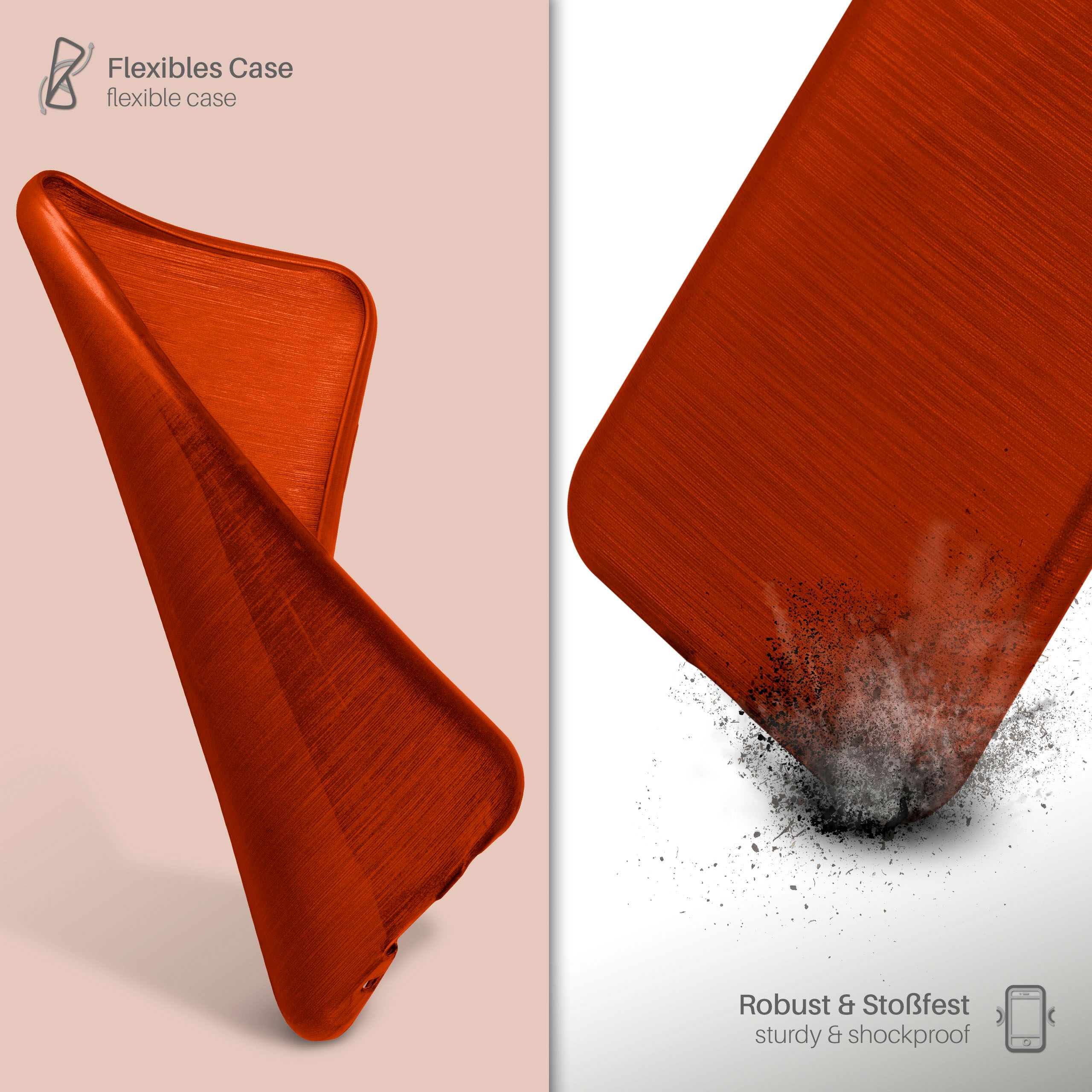 Orangefarbene Handyhülle mit Telefon. Die Hülle ist robust und stoßfest. Die Hülle ist flexibel.