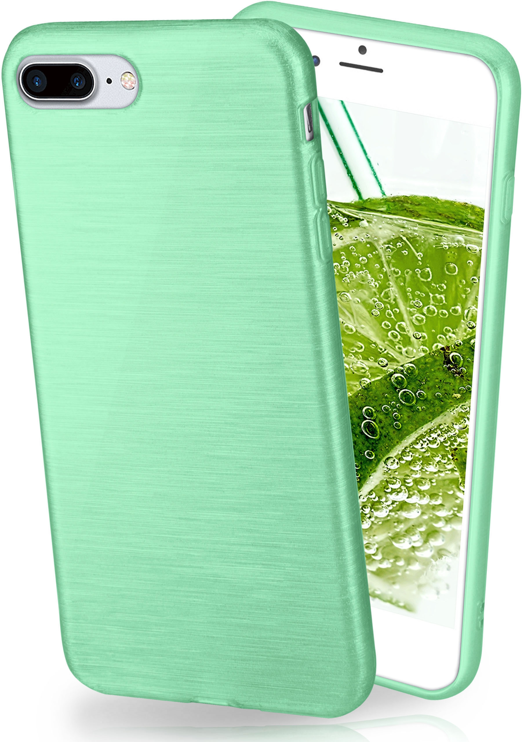 Minzgrüne Handyhülle auf einem Telefon, das ein Getränk mit Eis und Limetten zeigt.