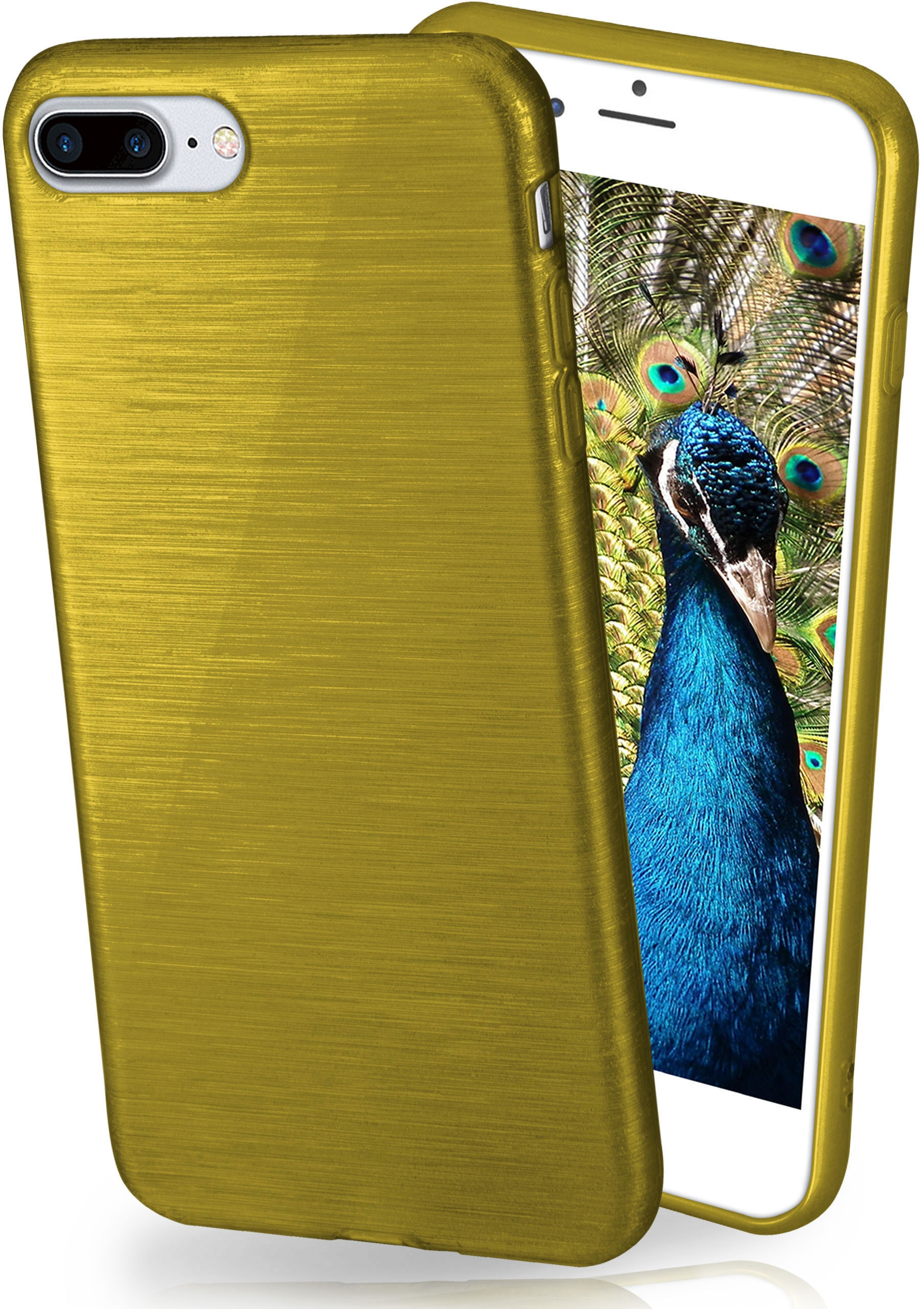 Goldene Handyhülle mit einem Telefon darin, das einen Pfau mit blauen und grünen Federn zeigt.