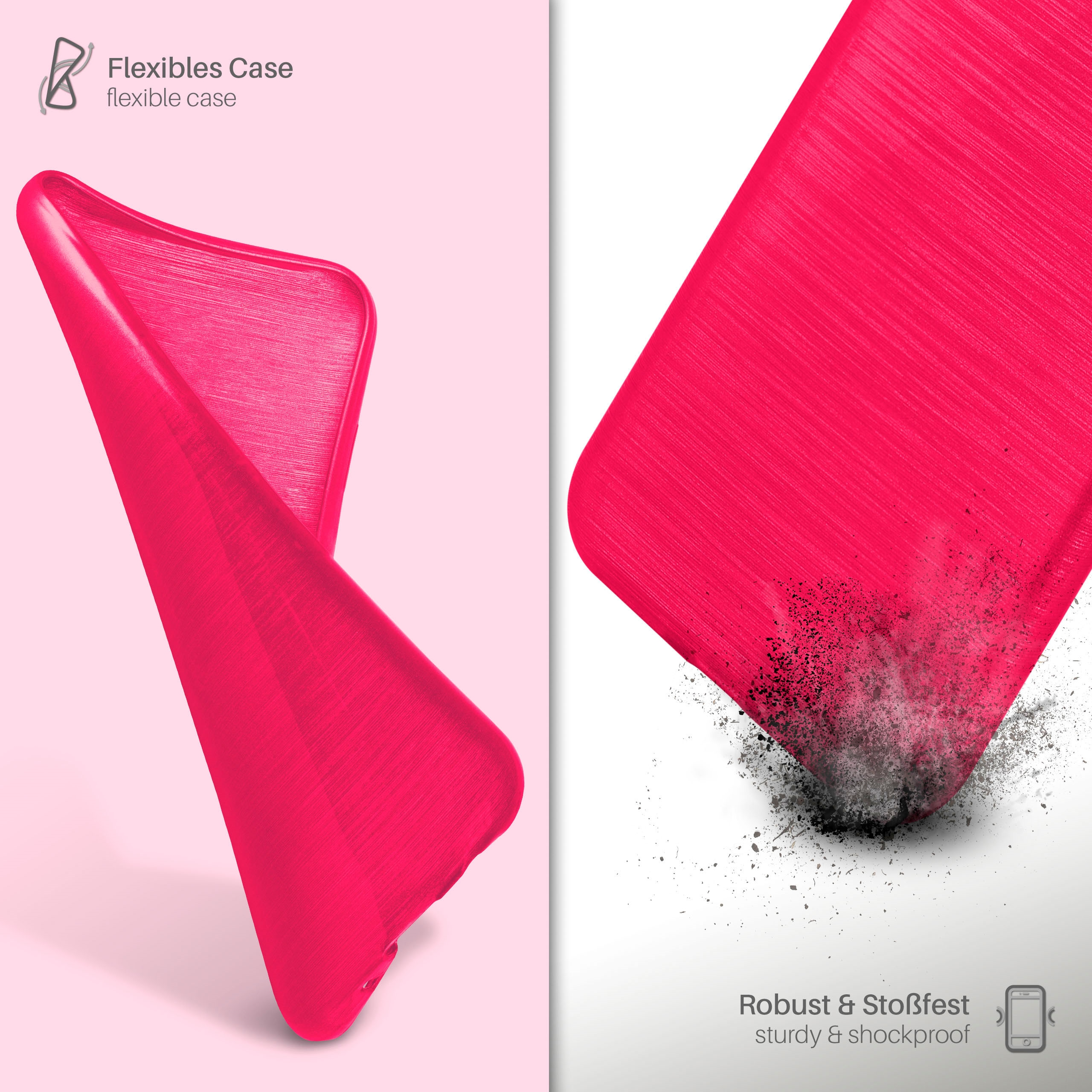 Nahaufnahme einer roten Handyhülle. Die Hülle ist flexibel. Der Hintergrund ist rosa. Etwas Staub sichtbar.