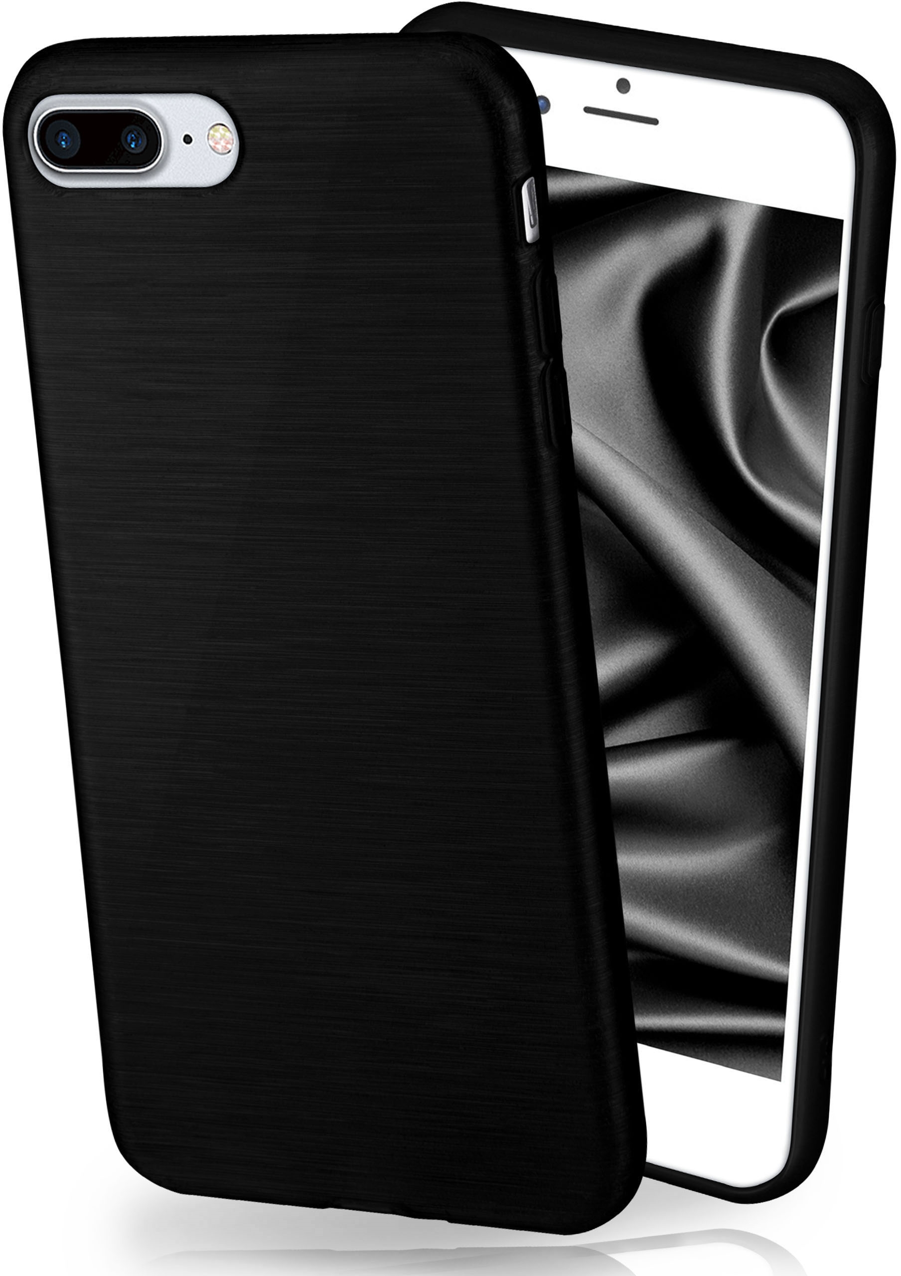Schwarze Handyhülle auf einem Telefon. Der Bildschirm zeigt Satin.
