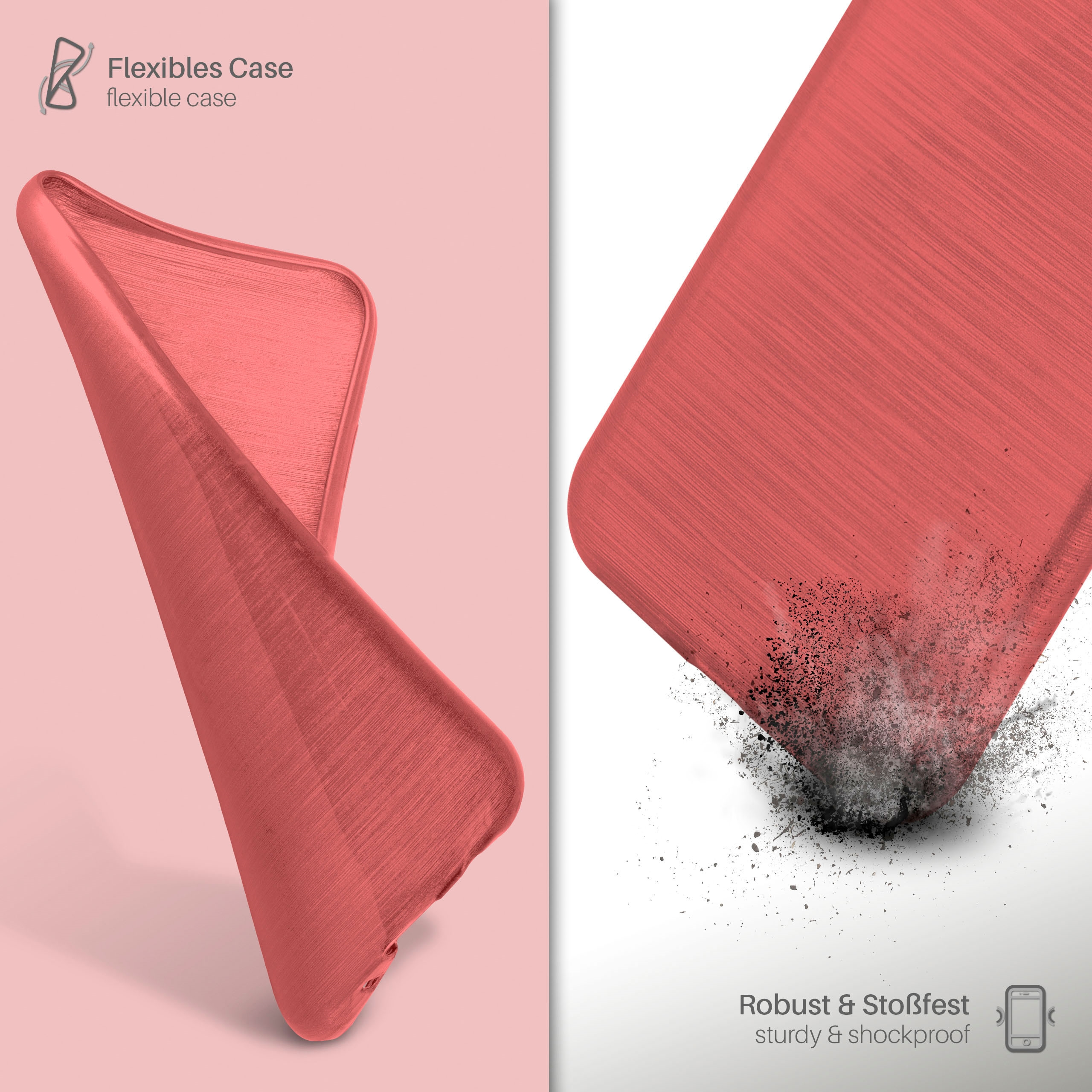 Rosa Handyhülle mit strukturierter Oberfläche. Sie ist flexibel und stoßfest. Produkt auf rosa Hintergrund.
