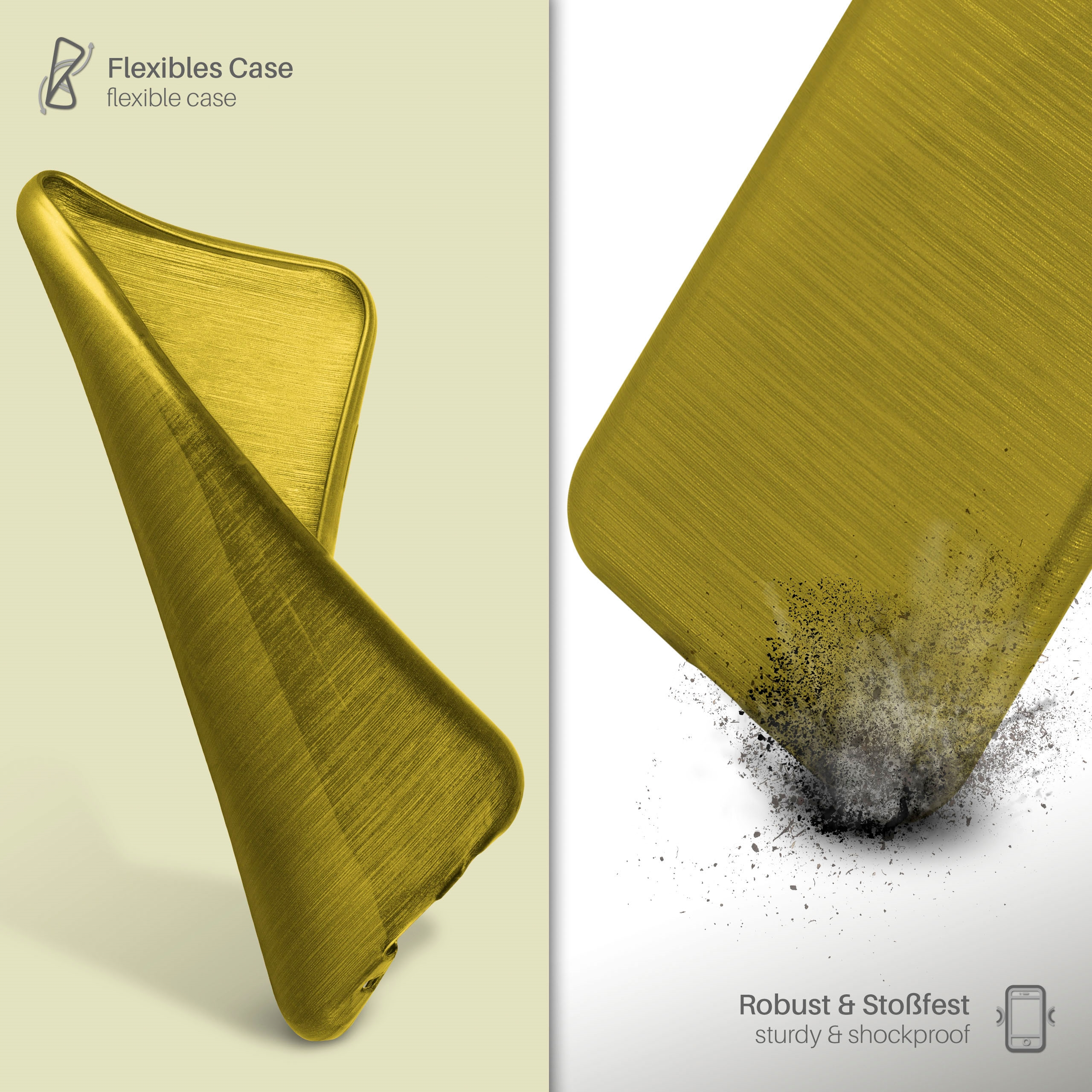 Eine goldene Handyhülle mit dem Wort Flexible Case, mit hellem Hintergrund.