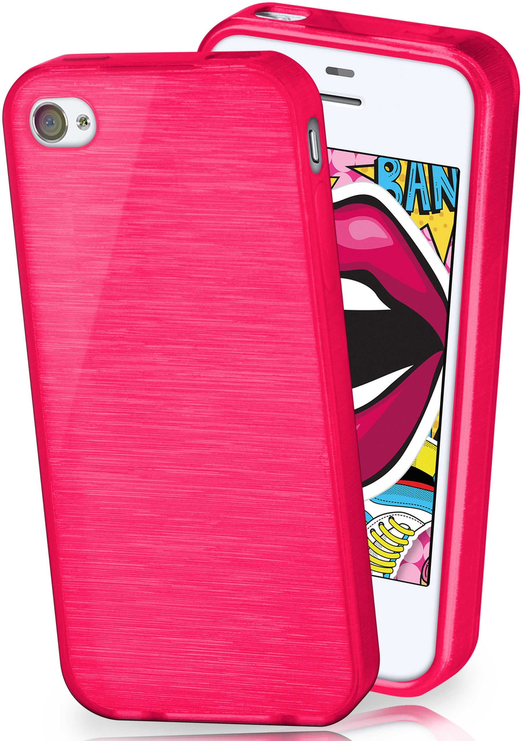 Rosa Handyhülle mit Telefon. Telefon zeigt Pop-Art-Mund.