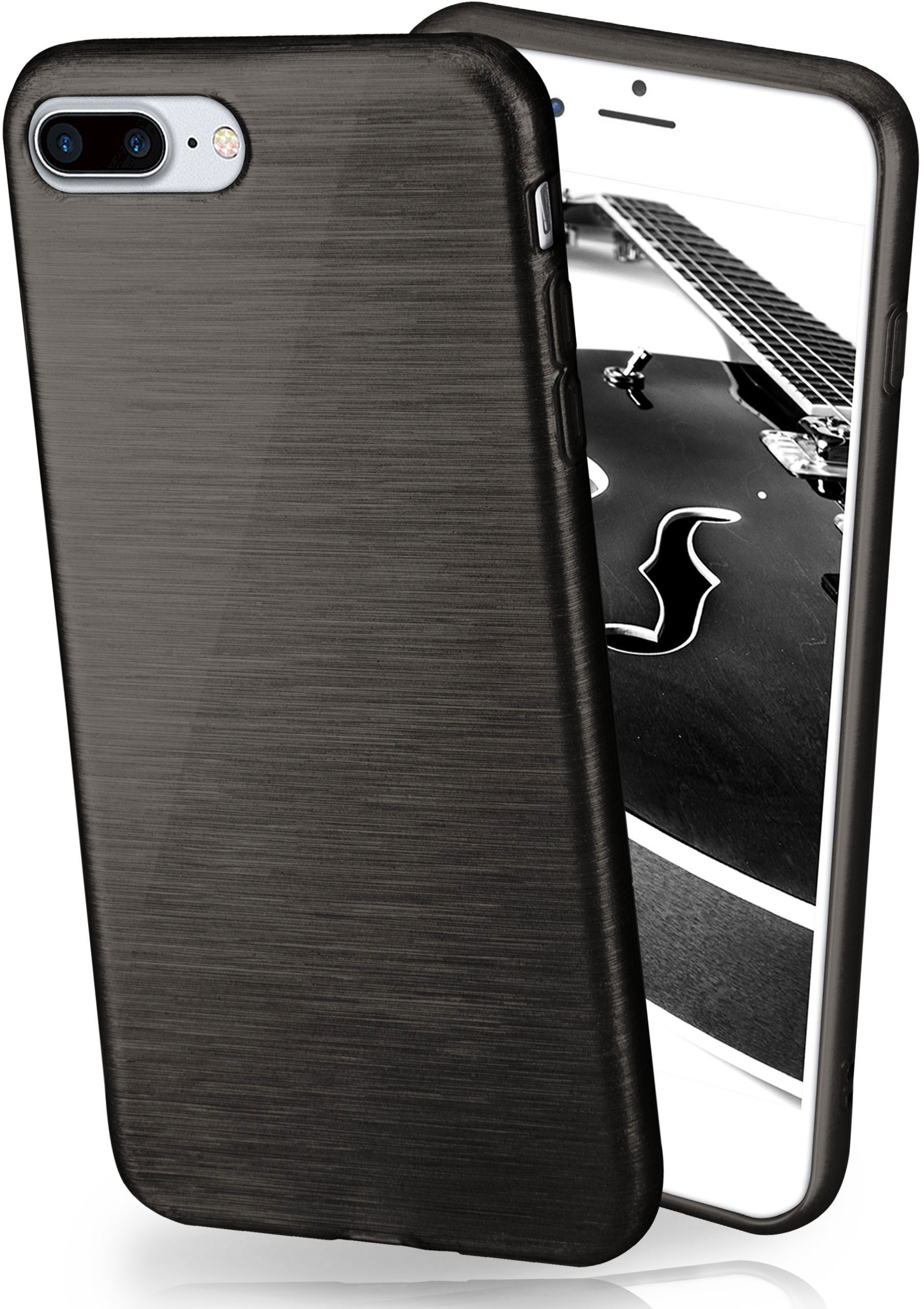 Eine dunkelgraue Handyhülle bedeckt ein Telefon. Das Telefon zeigt ein Schwarz-Weiß-Bild einer Gitarre.