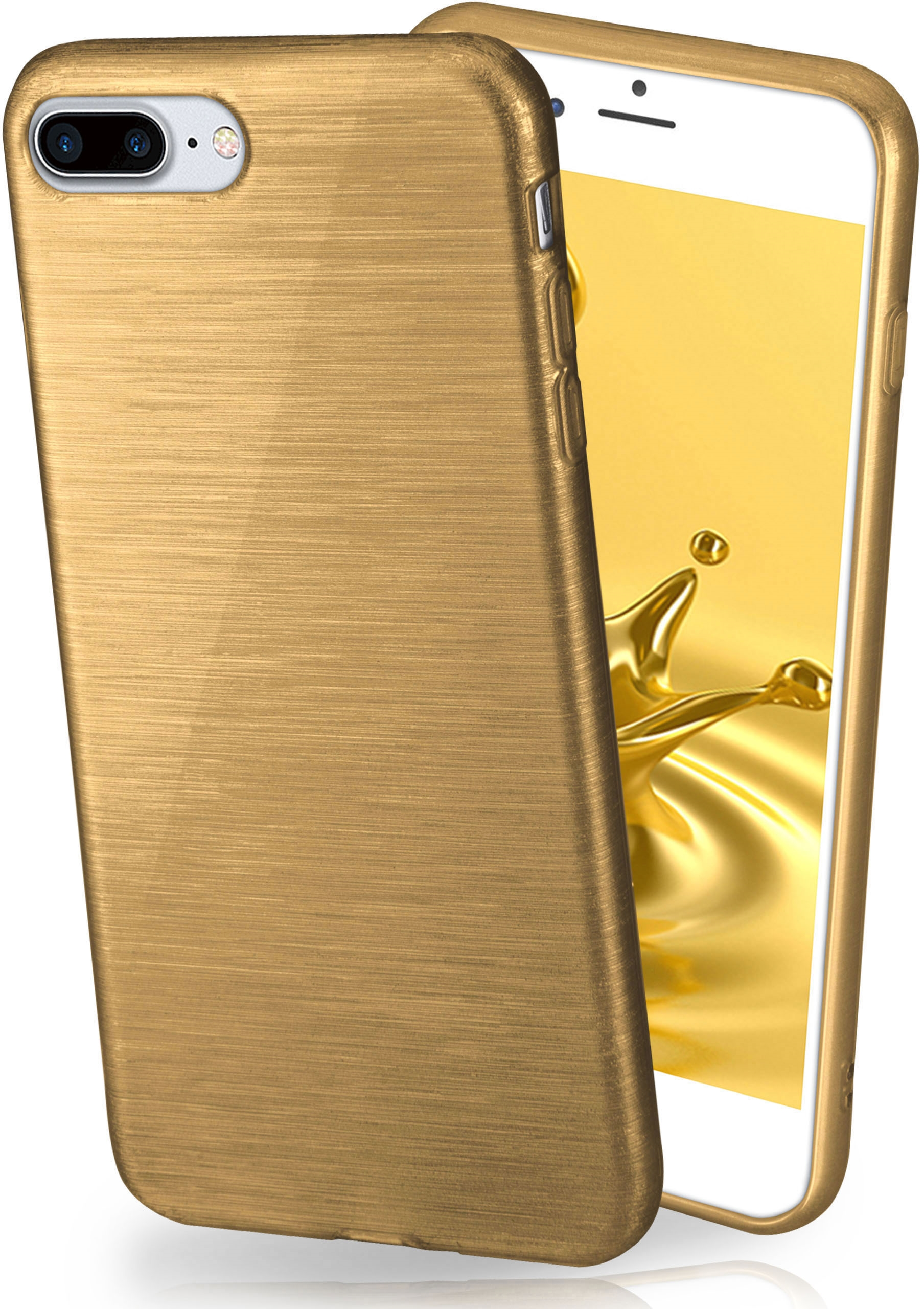 Goldene Handyhülle auf goldenem Handy. Die Hülle links, das Handy rechts.