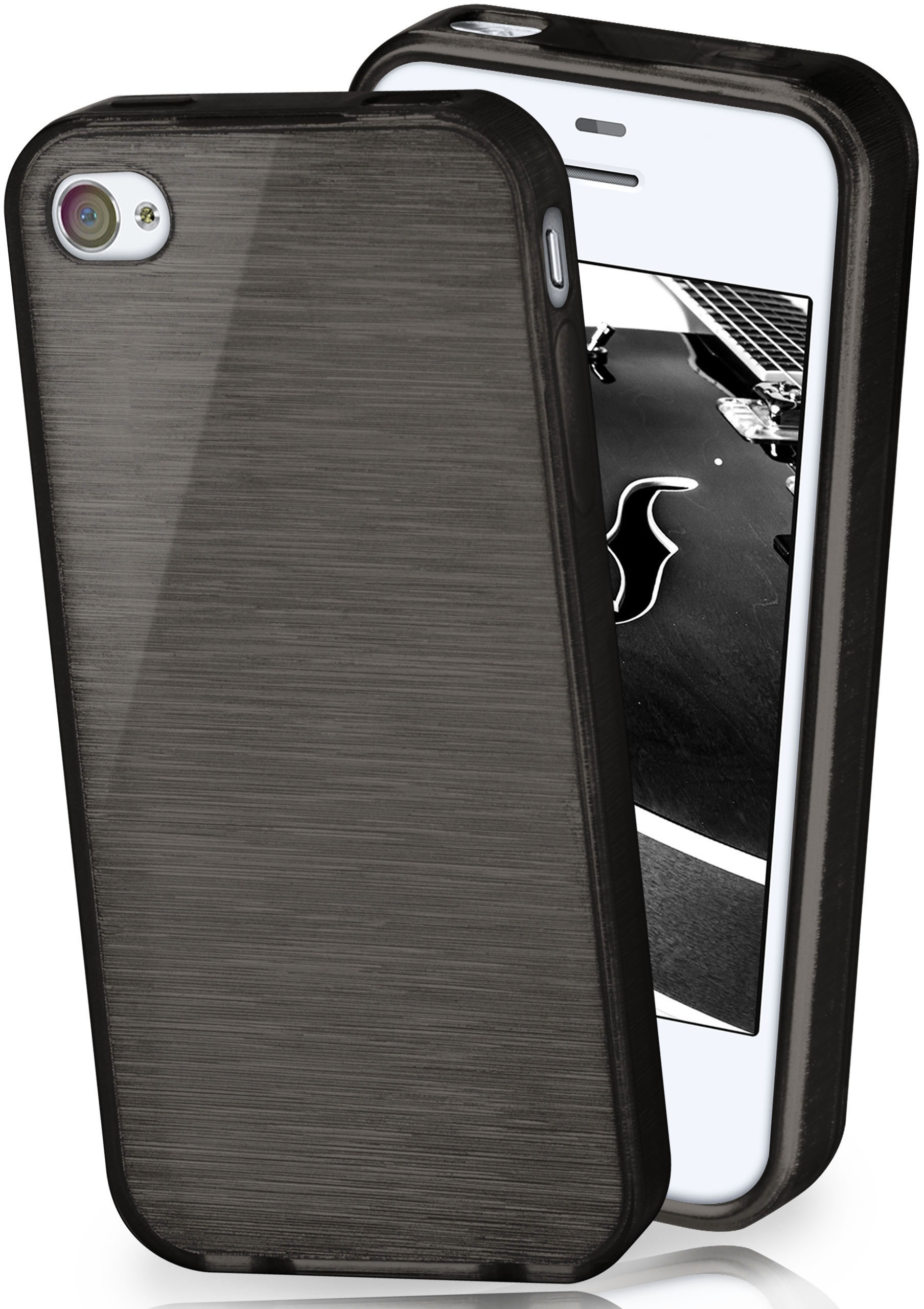 Eine schwarze Handyhülle mit gebürsteter Metalltextur. Das Telefon lehnt an einem anderen Telefon.