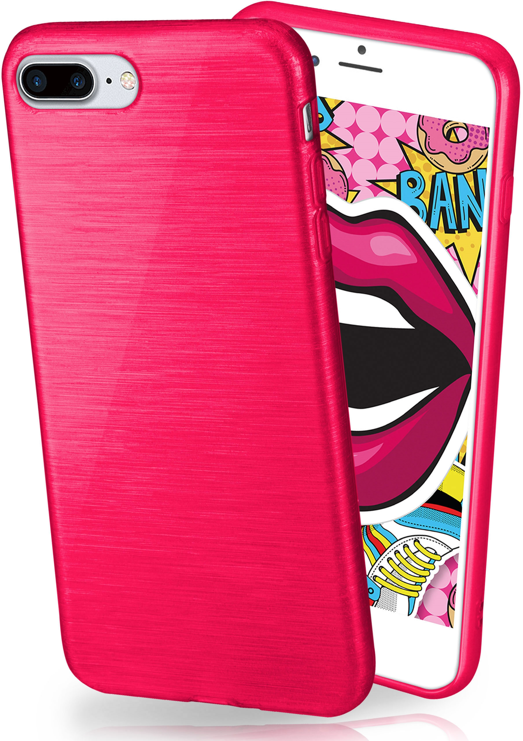 Rosa Handyhülle auf einem Telefon mit Pop-Art-Lippen-Hintergrund. Seitenansicht.