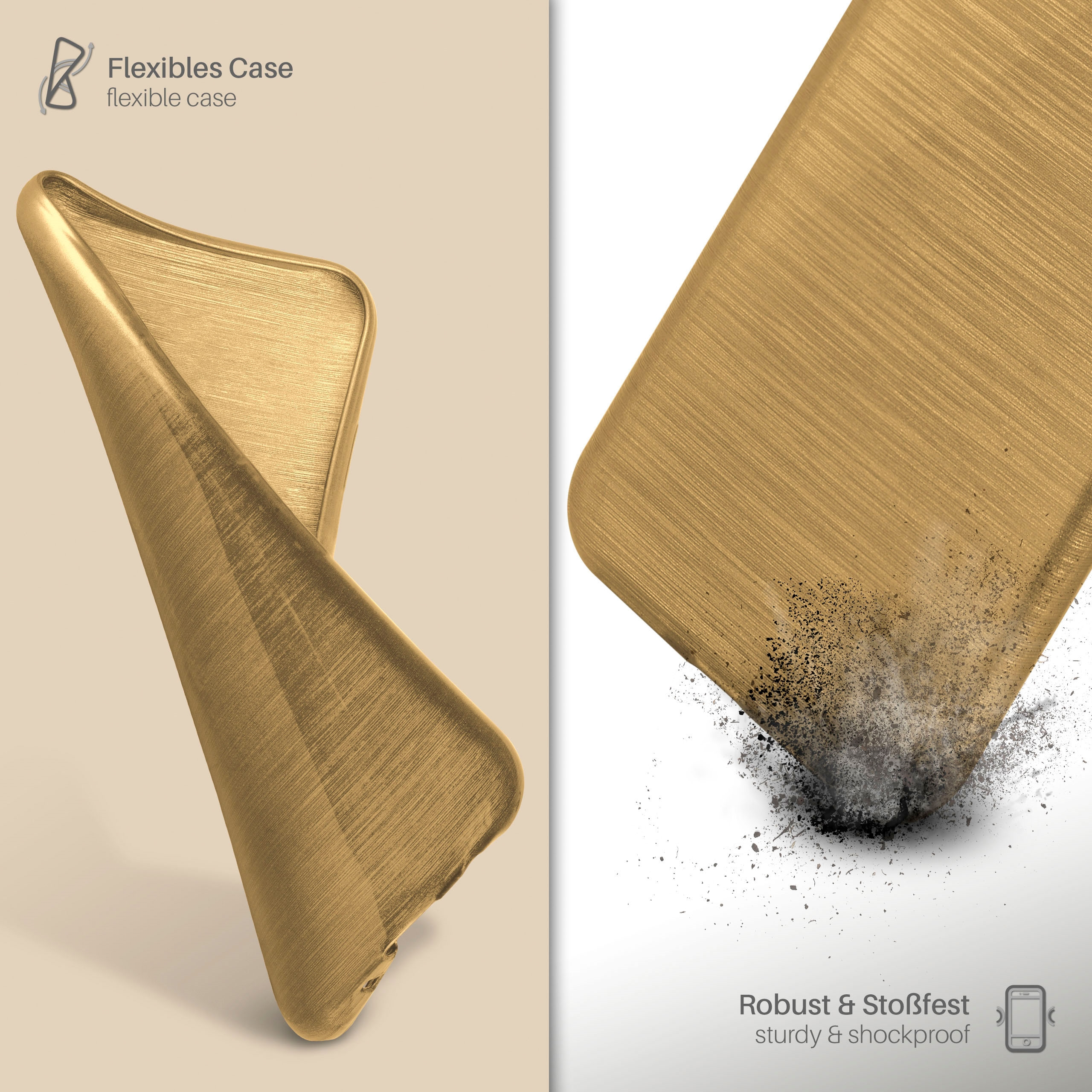 Goldene Handyhülle mit strukturierter Oberfläche, mit Staubpartikeln.