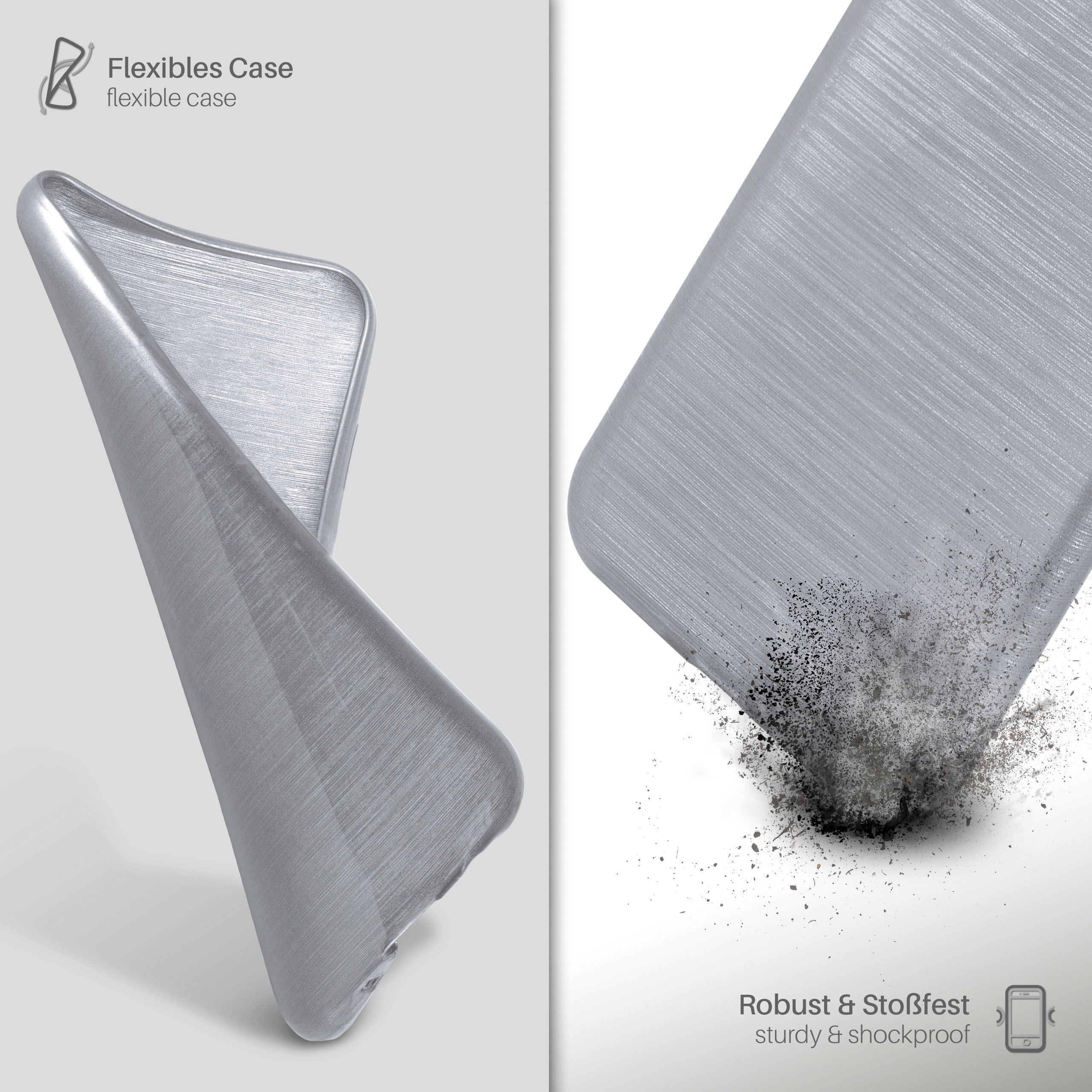 Silberne Handyhülle. Die Hülle hat einen strukturierten Metallic-Look und biegt sich.