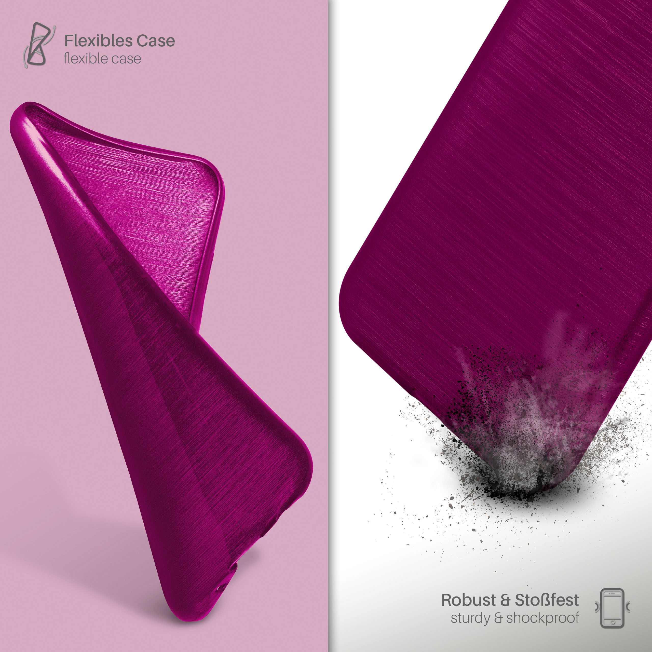 Eine magenta Handyhülle mit gebürsteter Metallstruktur. Staubpartikel sind sichtbar.
