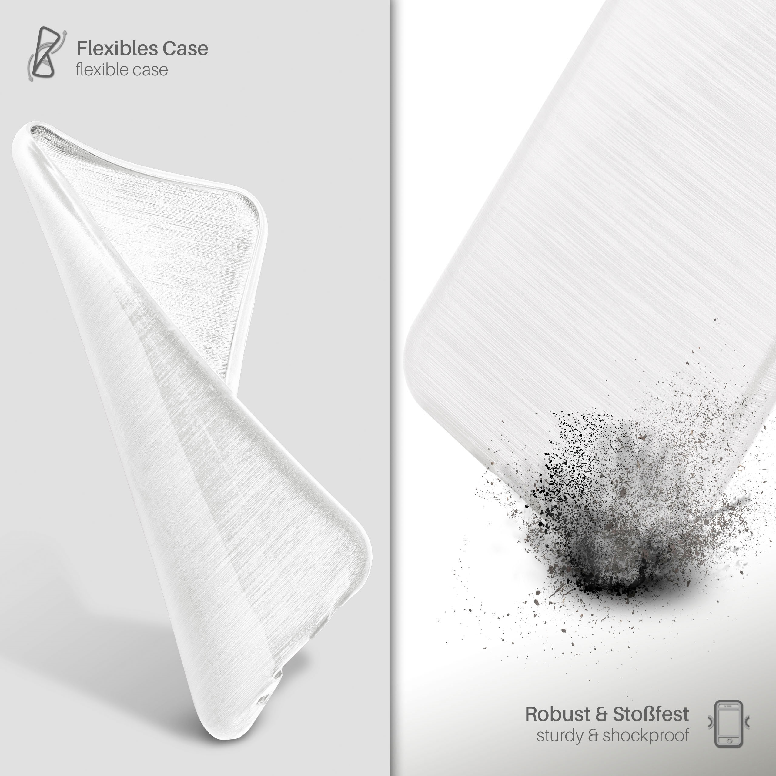 Eine transparente Handyhülle wird mit Materialdetails gezeigt.