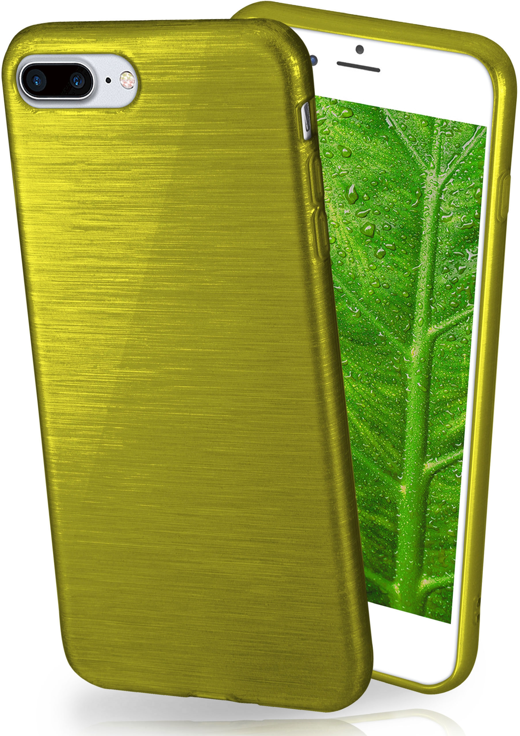 Goldene Handyhülle mit grünem Blattbild auf dem Telefonbildschirm.