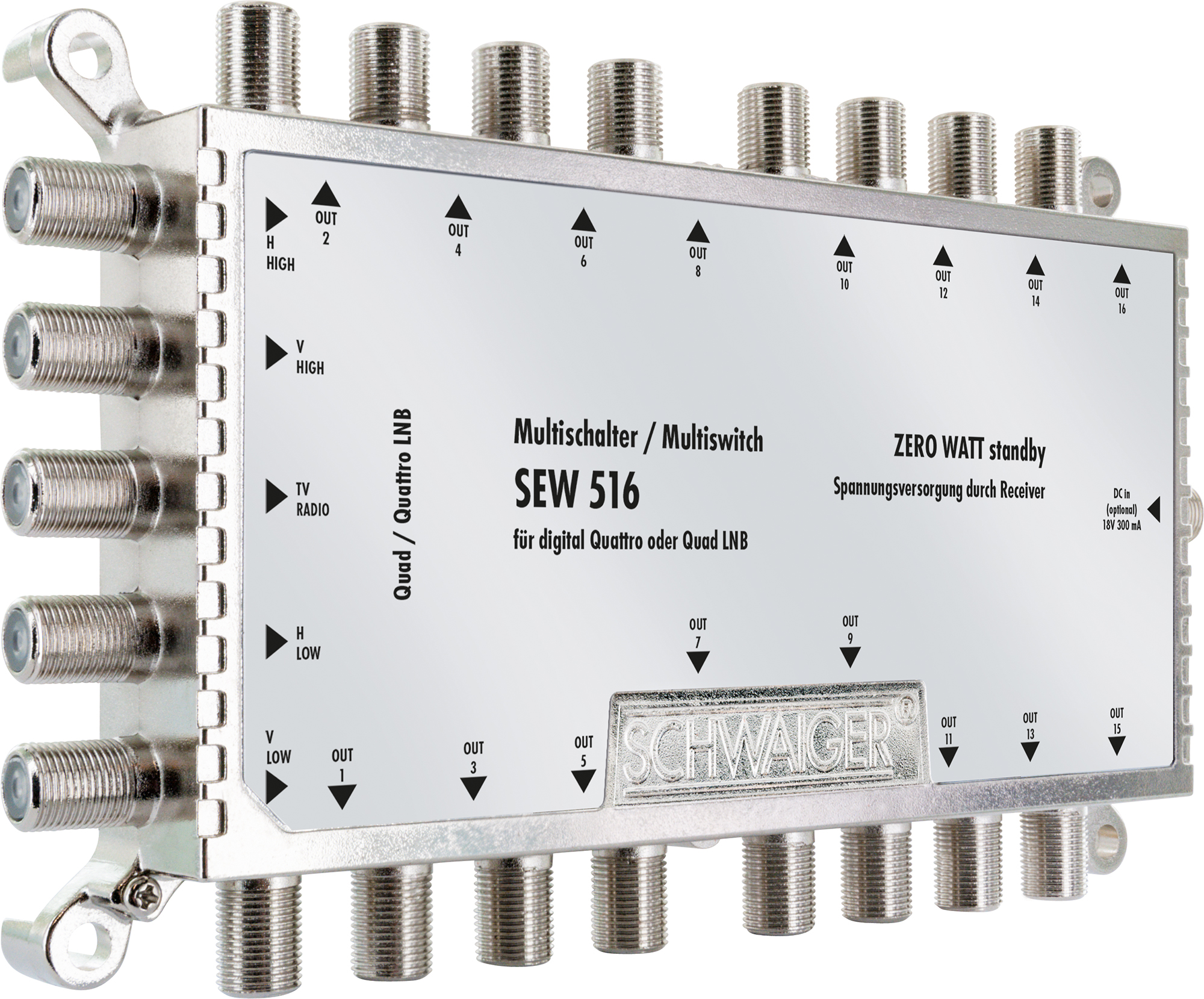 Silbernes elektronisches Gerät mit mehreren Anschlüssen und Beschriftungen.