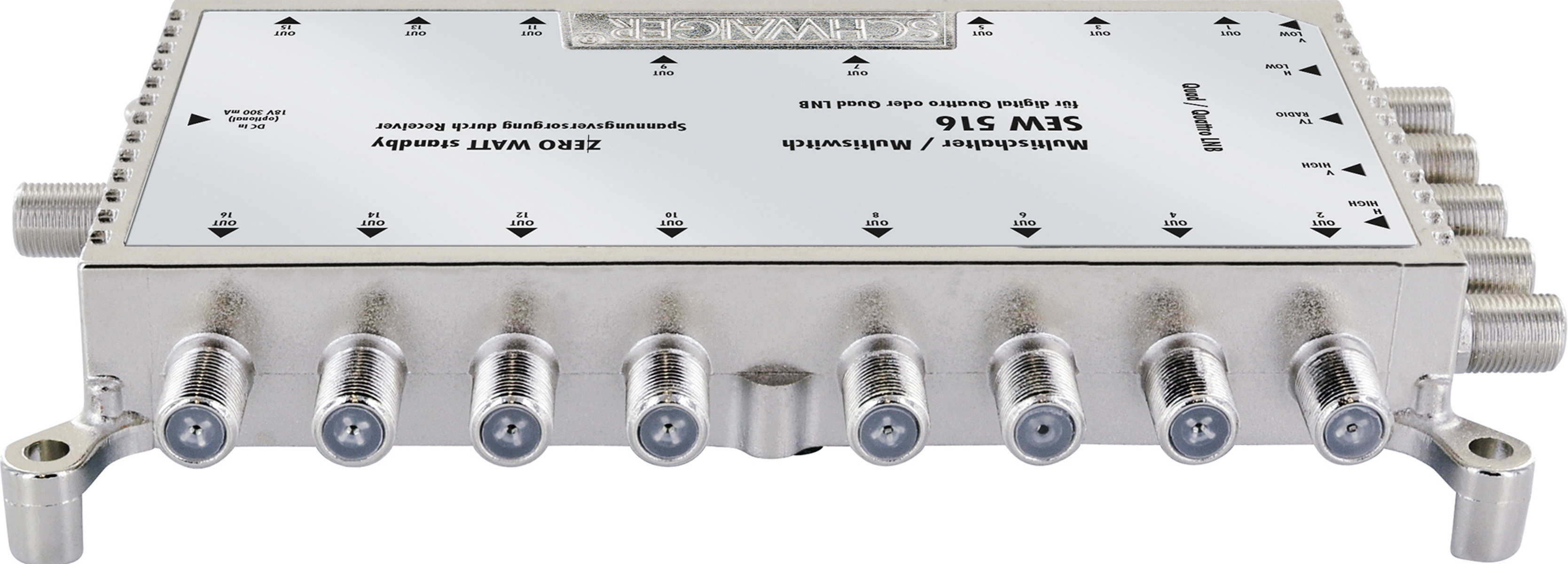 Silberner Multiswitch mit mehreren Anschlüssen und Beschriftungen auf weißem Hintergrund. Schwarzer Text.