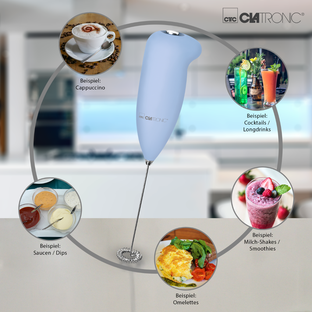 Ręczny spieniacz do mleka z przykładami napojów i potraw, które może przygotować.