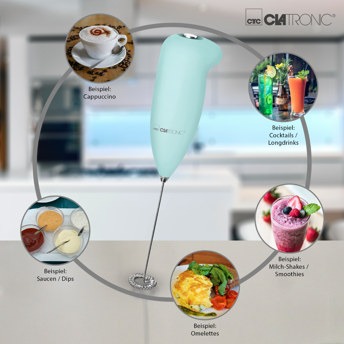 Miętowy blender ręczny z przykładami jedzenia: cappuccino, koktajle, sosy, omlet.