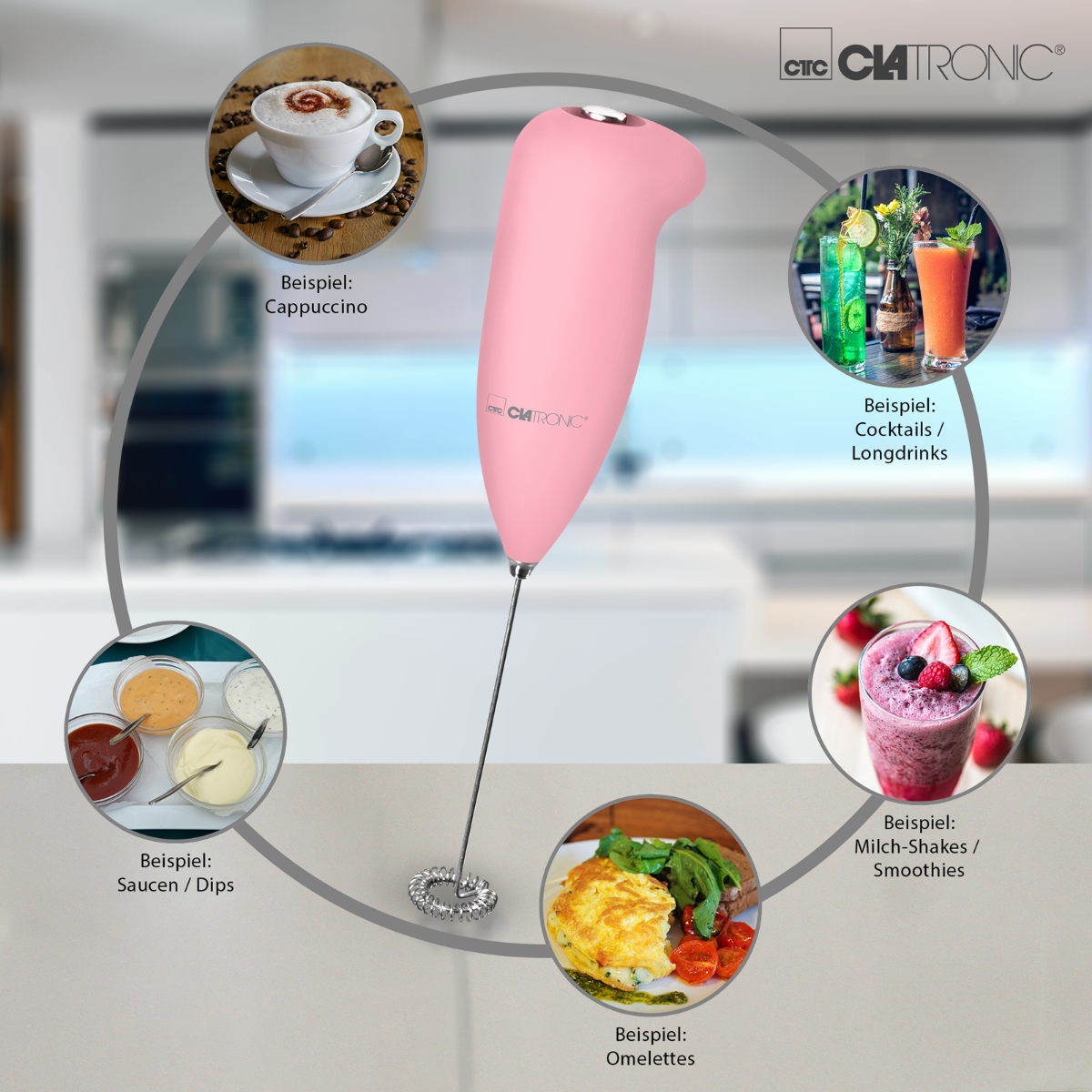 Różowy blender ręczny z przykładami: cappuccino, koktajle, sosy, smoothie, omlety.