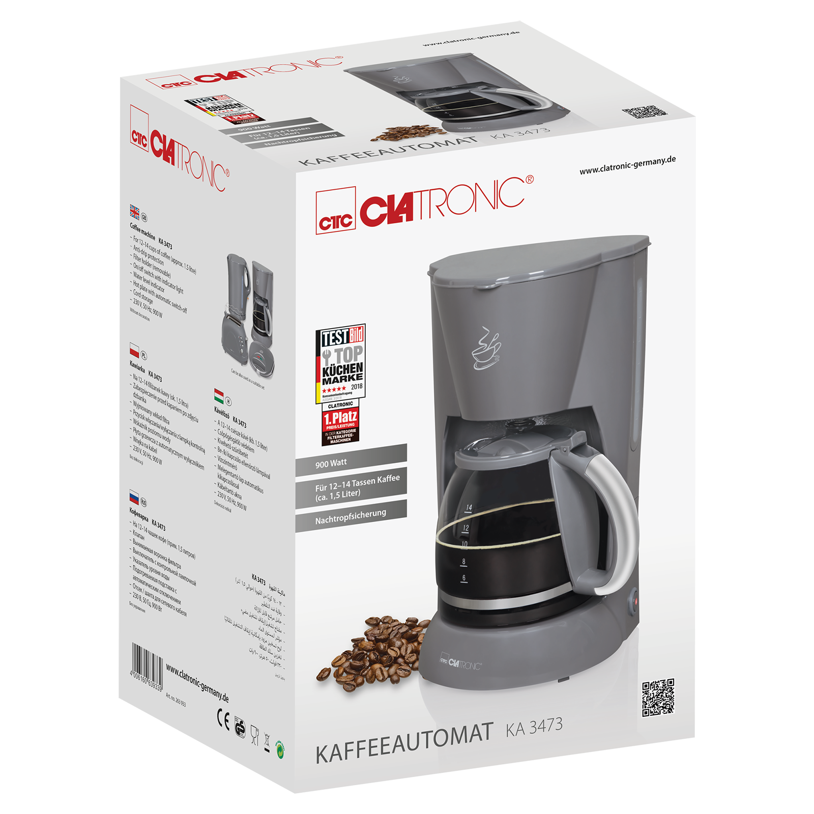 Una cafetera en una caja. La caja es gris y blanca. La cafetera es gris.