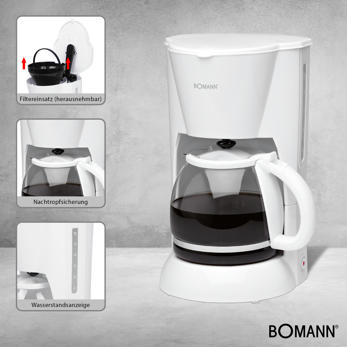 Biały ekspres do kawy z trzema obrazami jego cech. Cechy obejmują filtr i poziom wody.