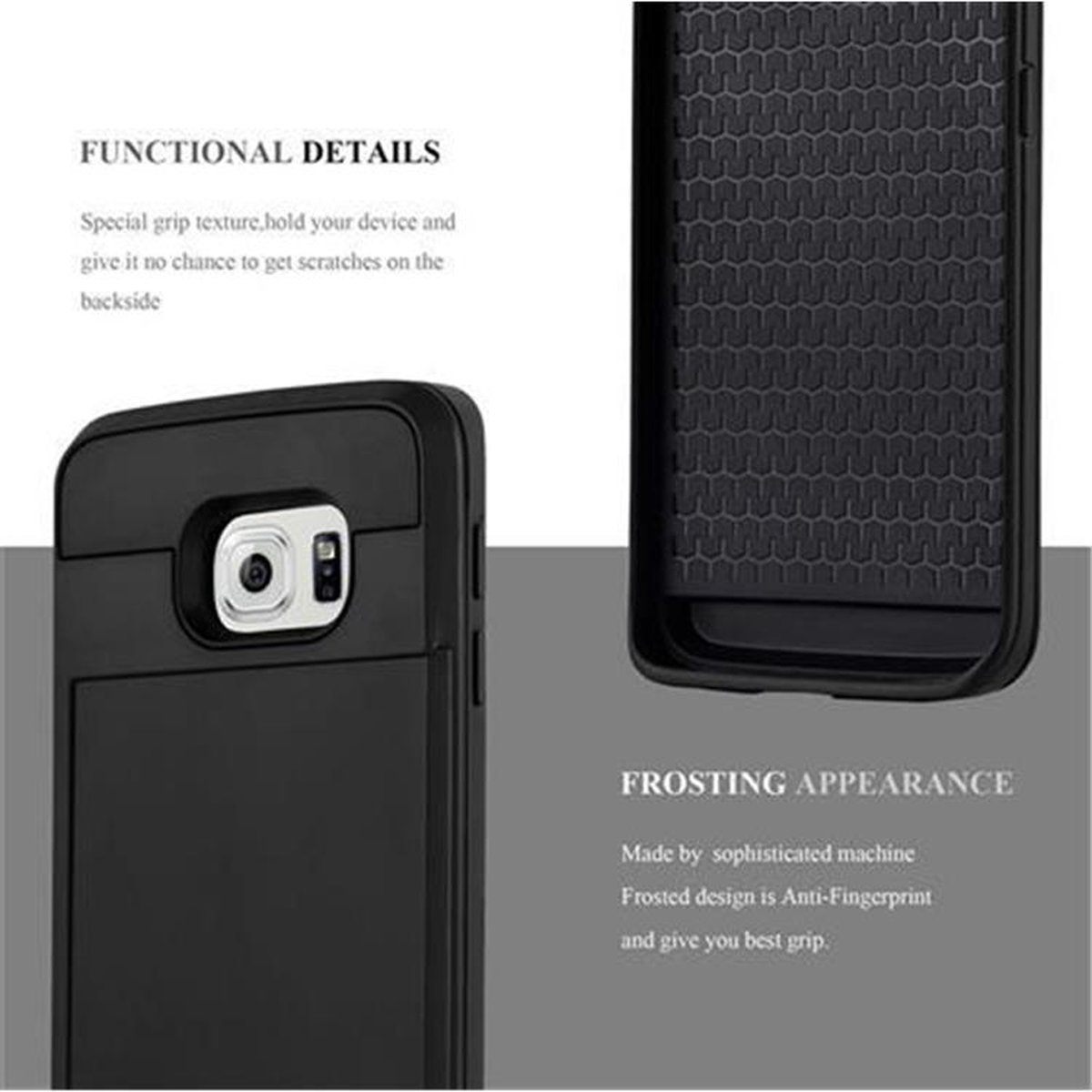 Due custodie per telefono che mostrano i dettagli. Una mostra una texture di presa, l'altra un design smerigliato per l'aderenza.