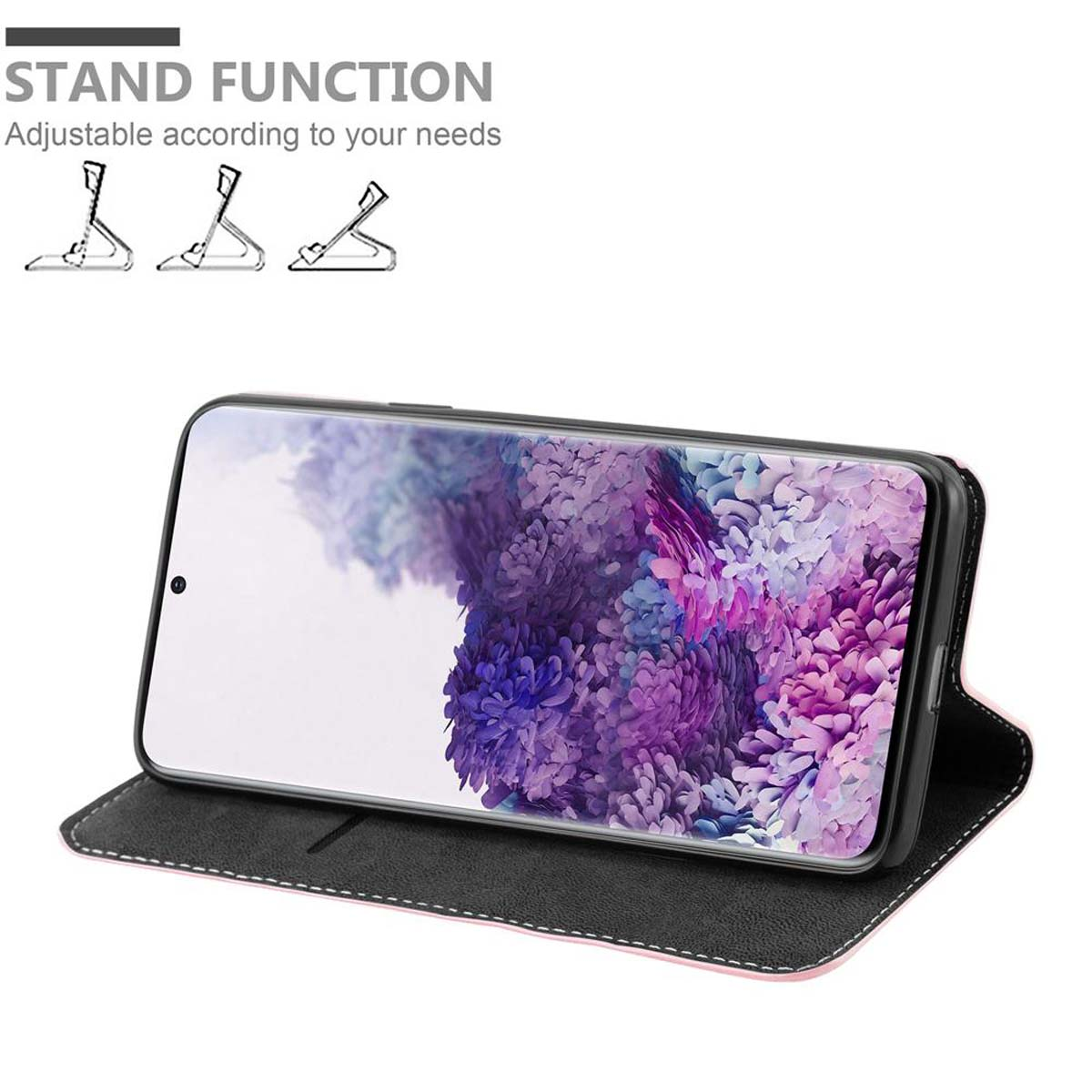 Un telefono in una custodia aperta. Lo schermo mostra un design astratto viola e rosa.
