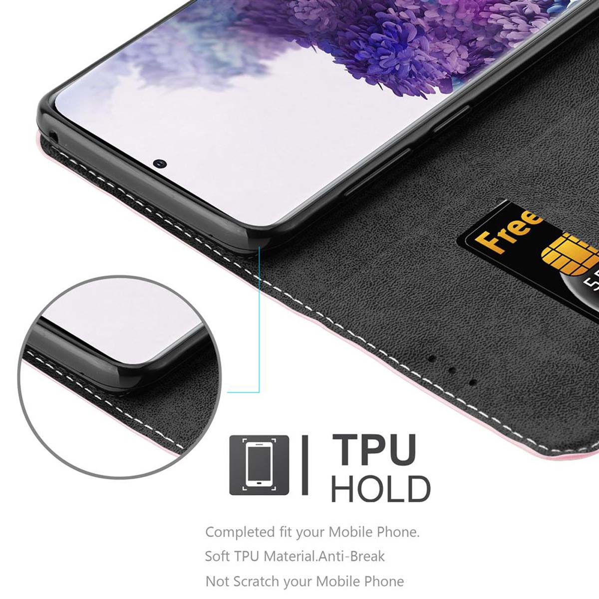 Un telefono in una custodia con una carta di credito. Testo: TPU HOLD.