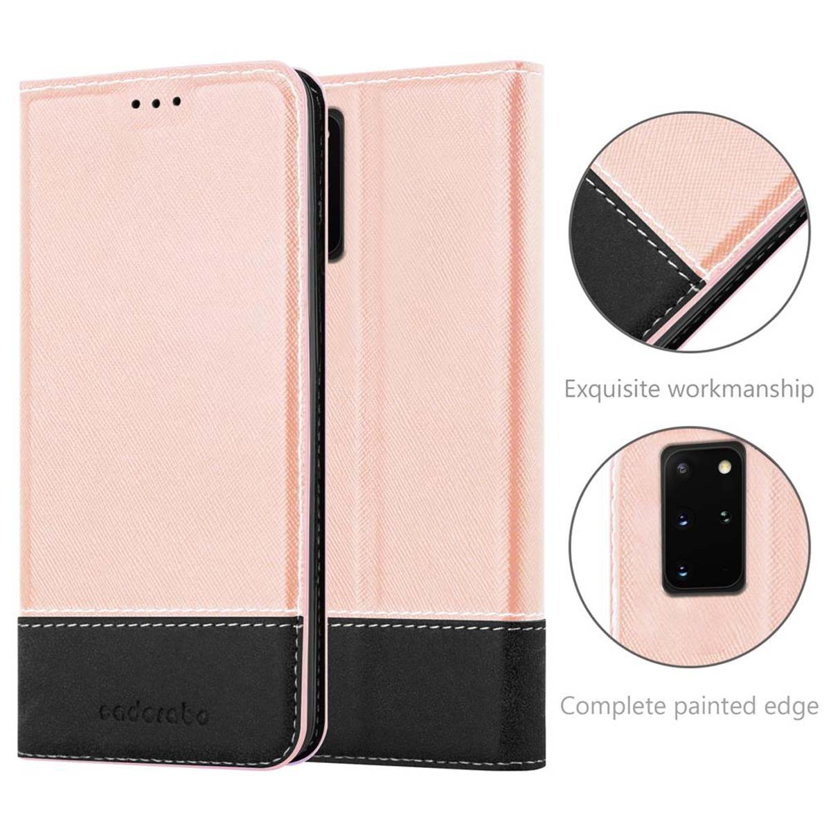 Custodia per telefono rosa con sezione inferiore nera. Ha una cover che oscura parzialmente il telefono.